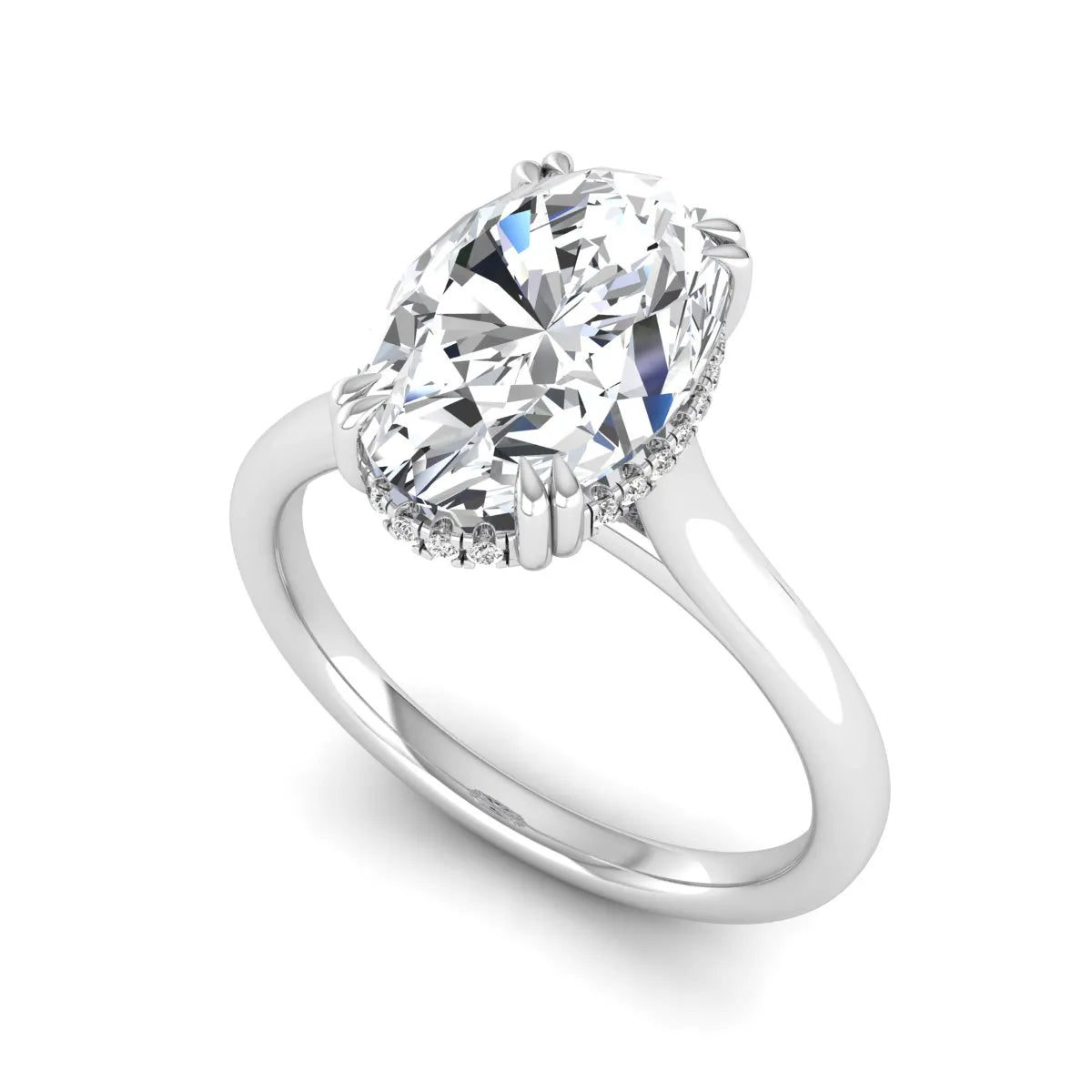 Oval cut hidden halo lab grown diamond engagement ring with double claw prongs in white gold.