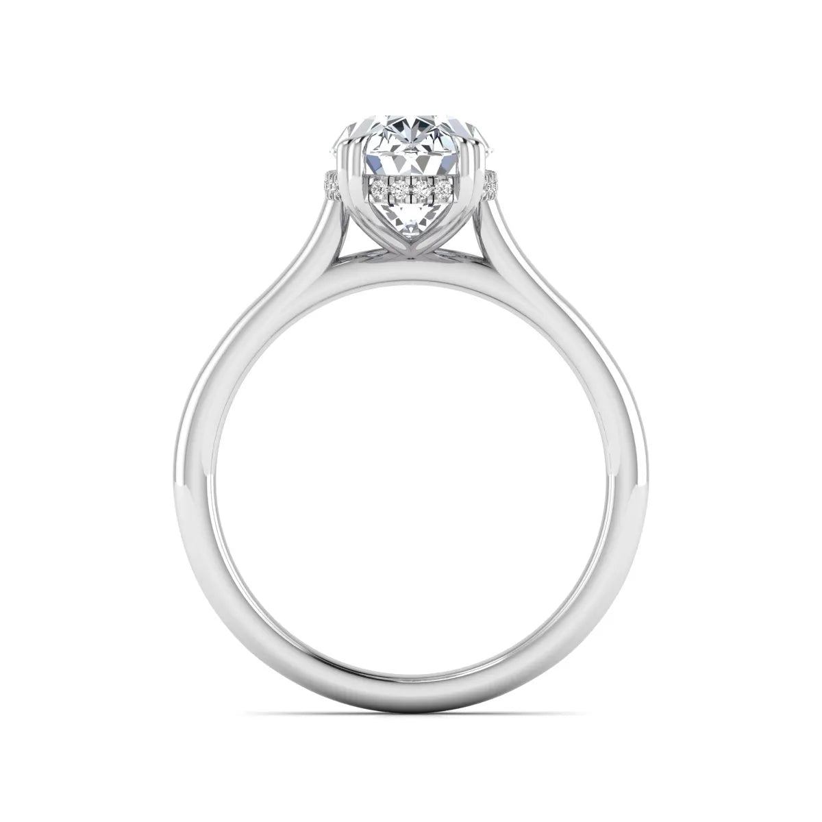 Oval cut hidden halo lab grown diamond engagement ring with double claw prongs in white gold.