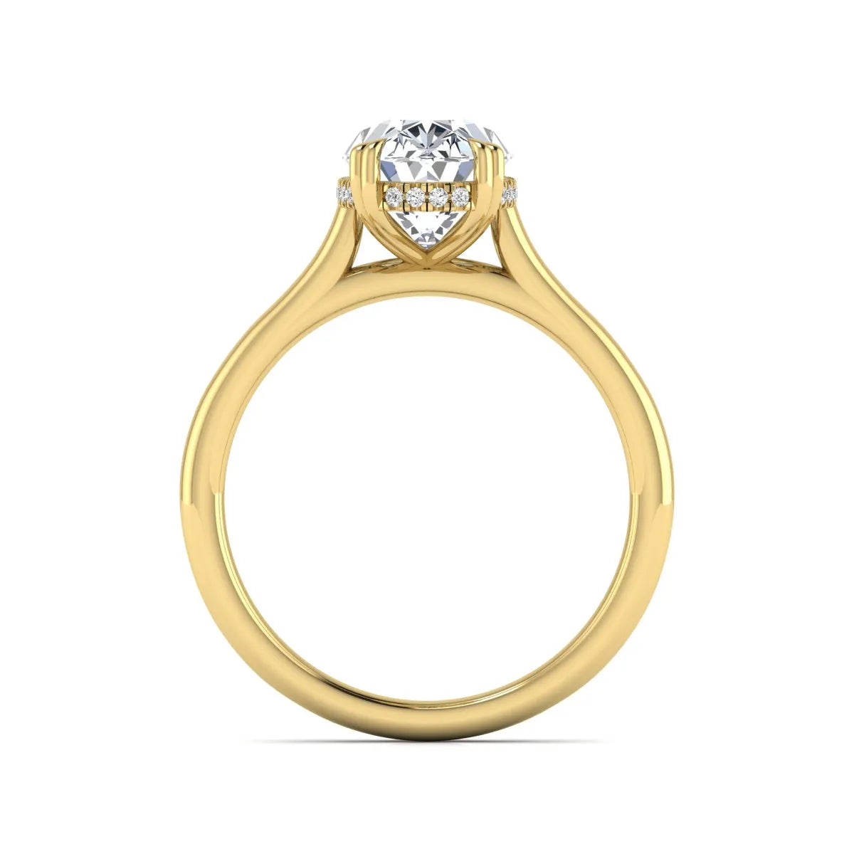 Oval cut hidden halo lab grown diamond engagement ring with double claw prongs in yellow gold.