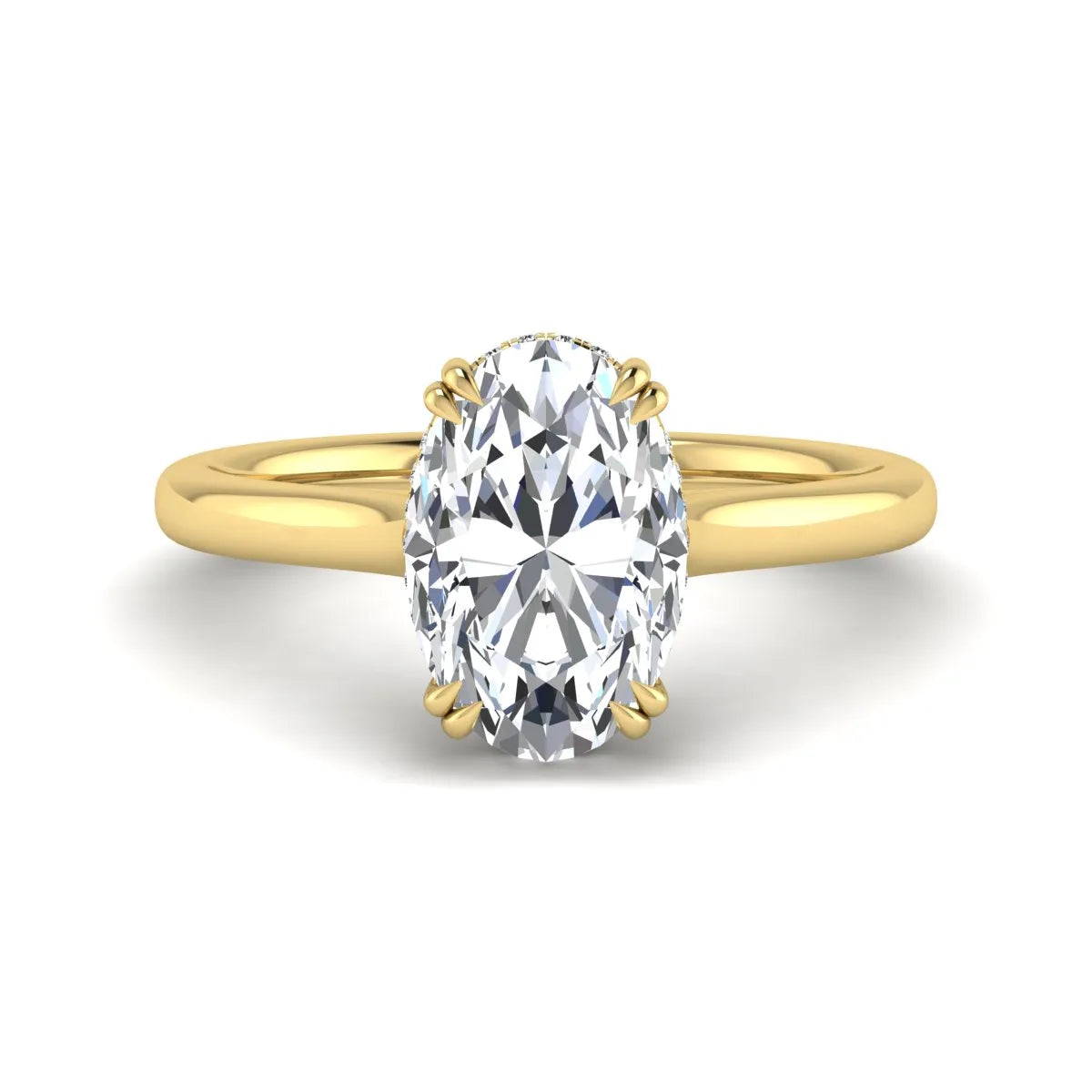 Oval cut hidden halo lab grown diamond engagement ring with double claw prongs in yellow gold.