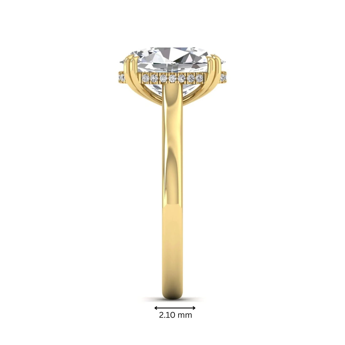 Oval cut hidden halo lab grown diamond engagement ring with double claw prongs in yellow gold.