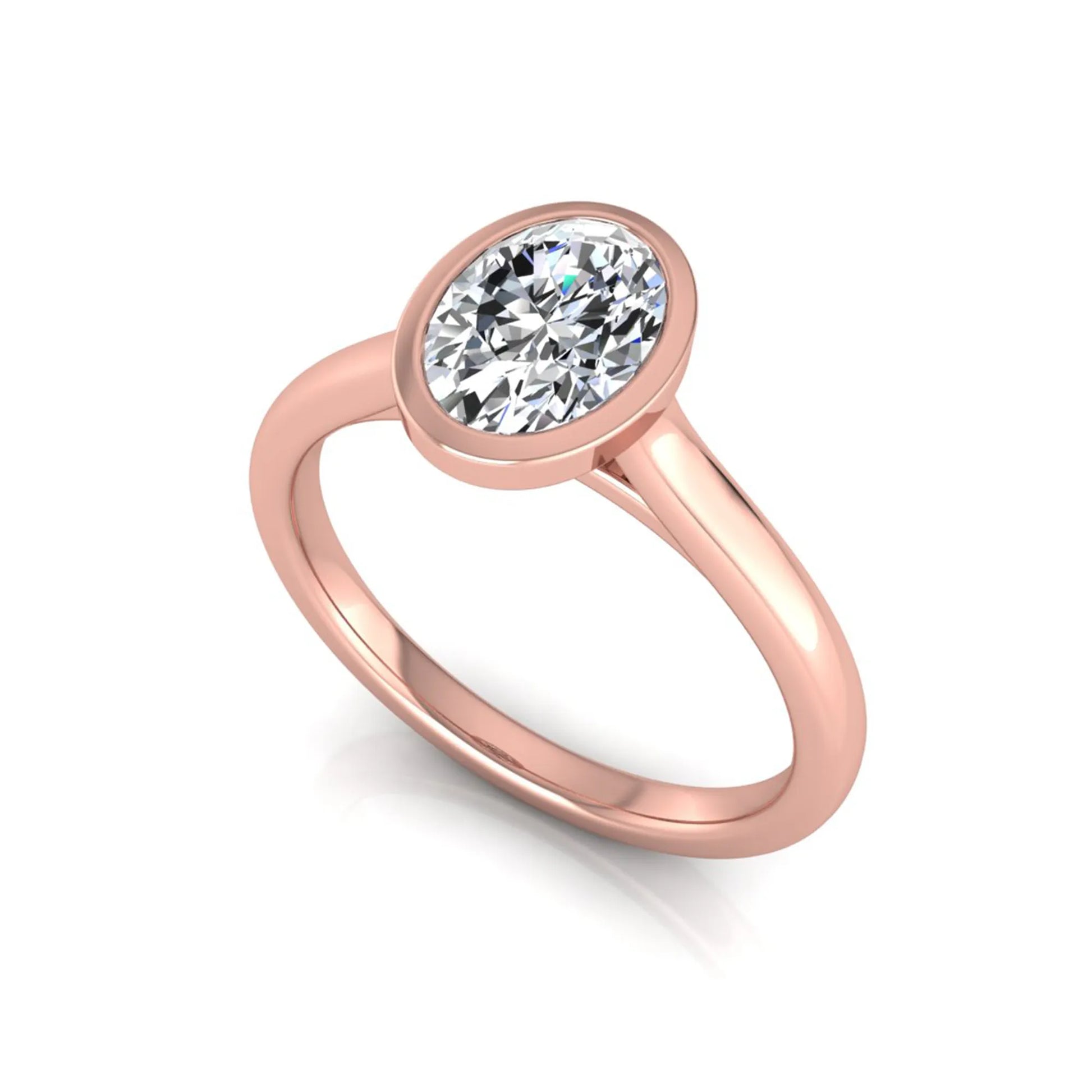 Oval cut lab grown diamond bezel solitaire engagement ring featuring a 0.75 carat center diamond in polished rose gold.