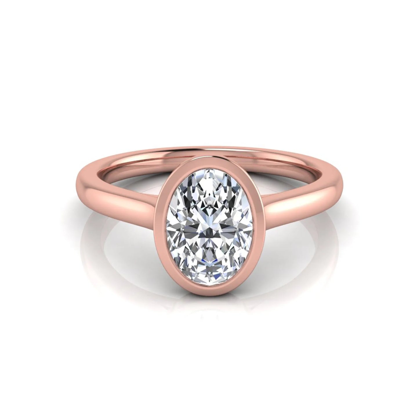Oval cut lab grown diamond bezel solitaire engagement ring featuring a 0.75 carat center diamond in polished rose gold.