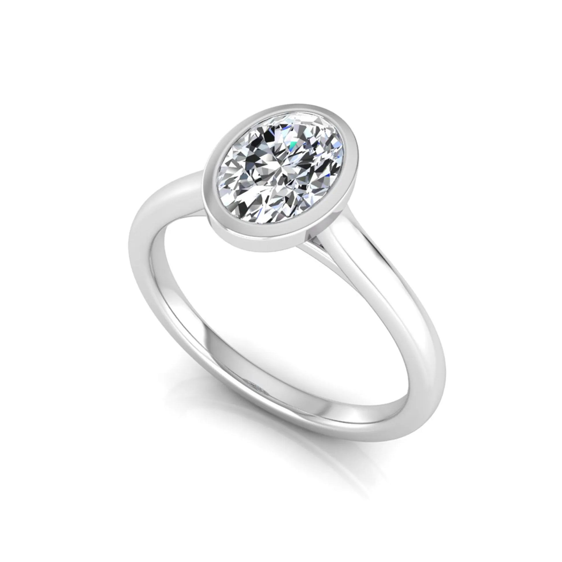 Oval cut lab grown diamond bezel solitaire engagement ring featuring a 0.75 carat center diamond in polished white gold.