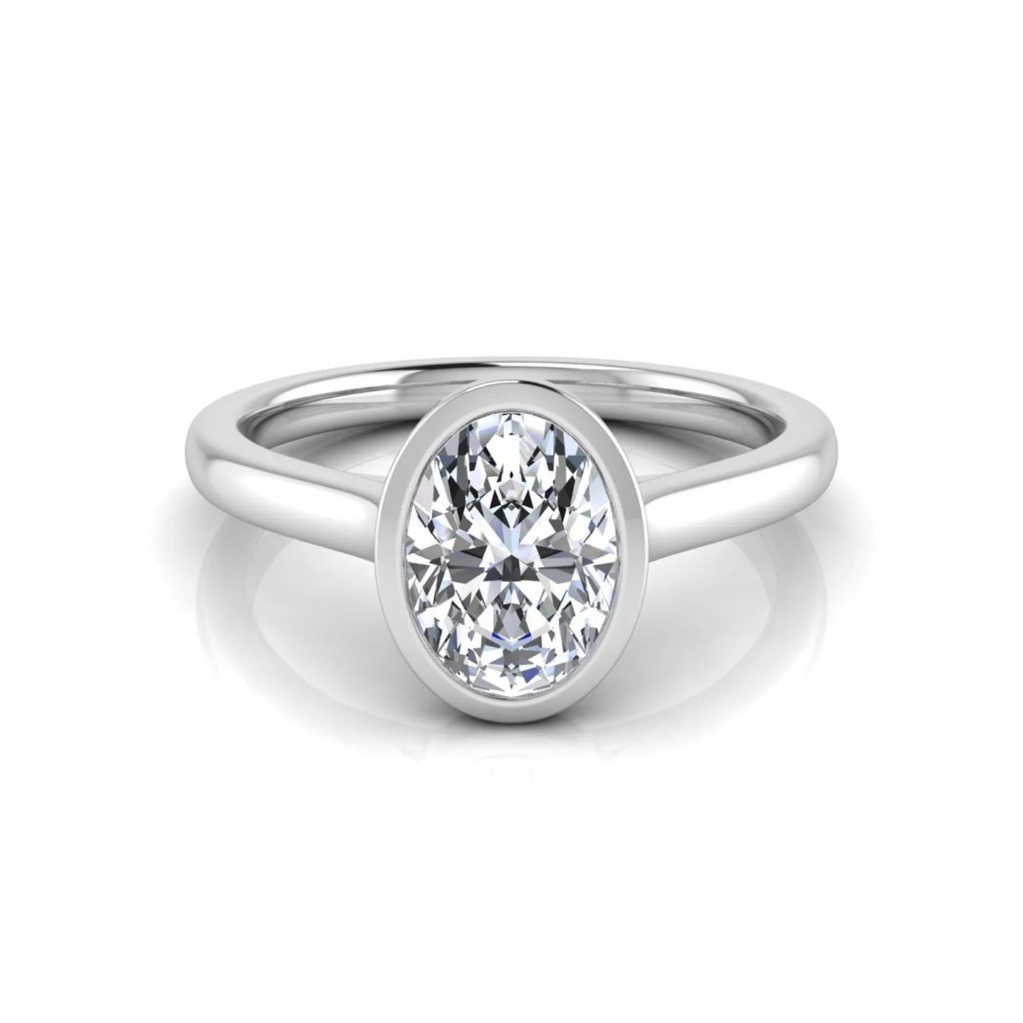 Oval cut lab grown diamond bezel solitaire engagement ring featuring a 0.75 carat center diamond in polished white gold.