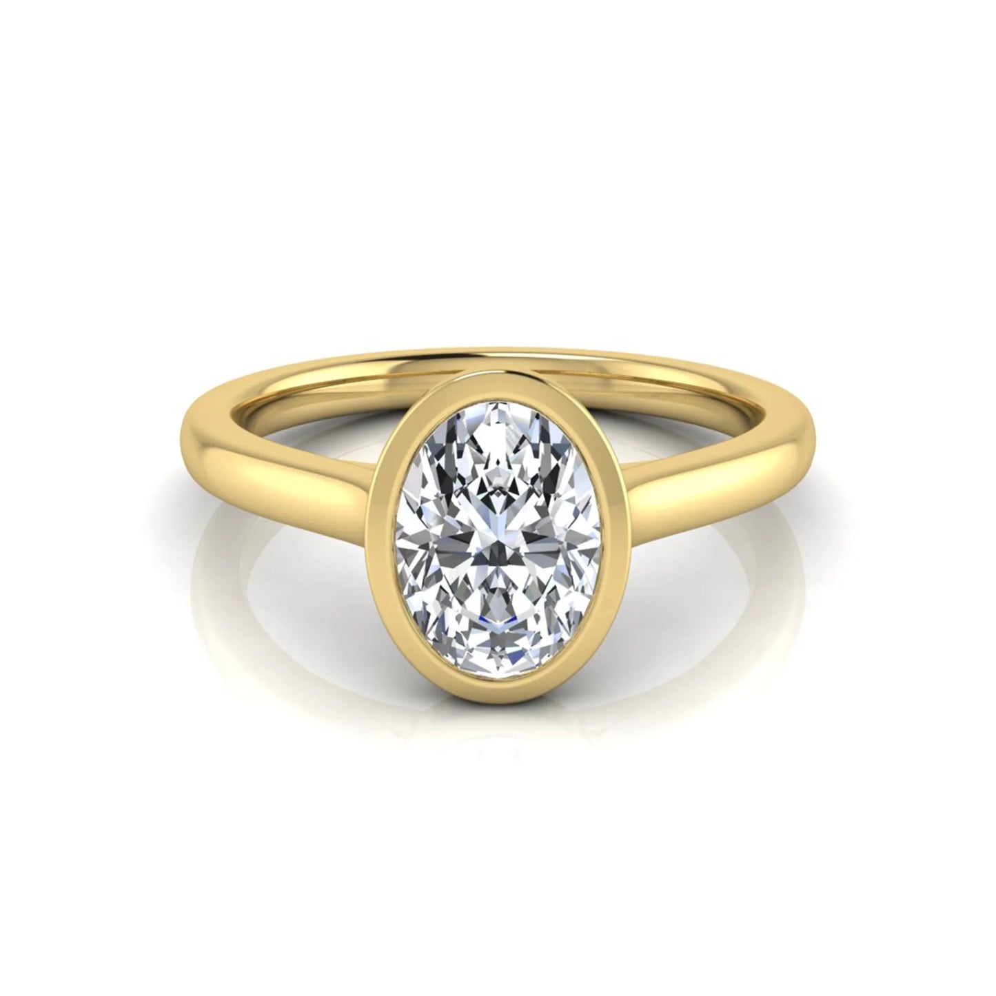 Oval cut lab grown diamond bezel solitaire engagement ring featuring a 0.75 carat center diamond in polished yellow gold.