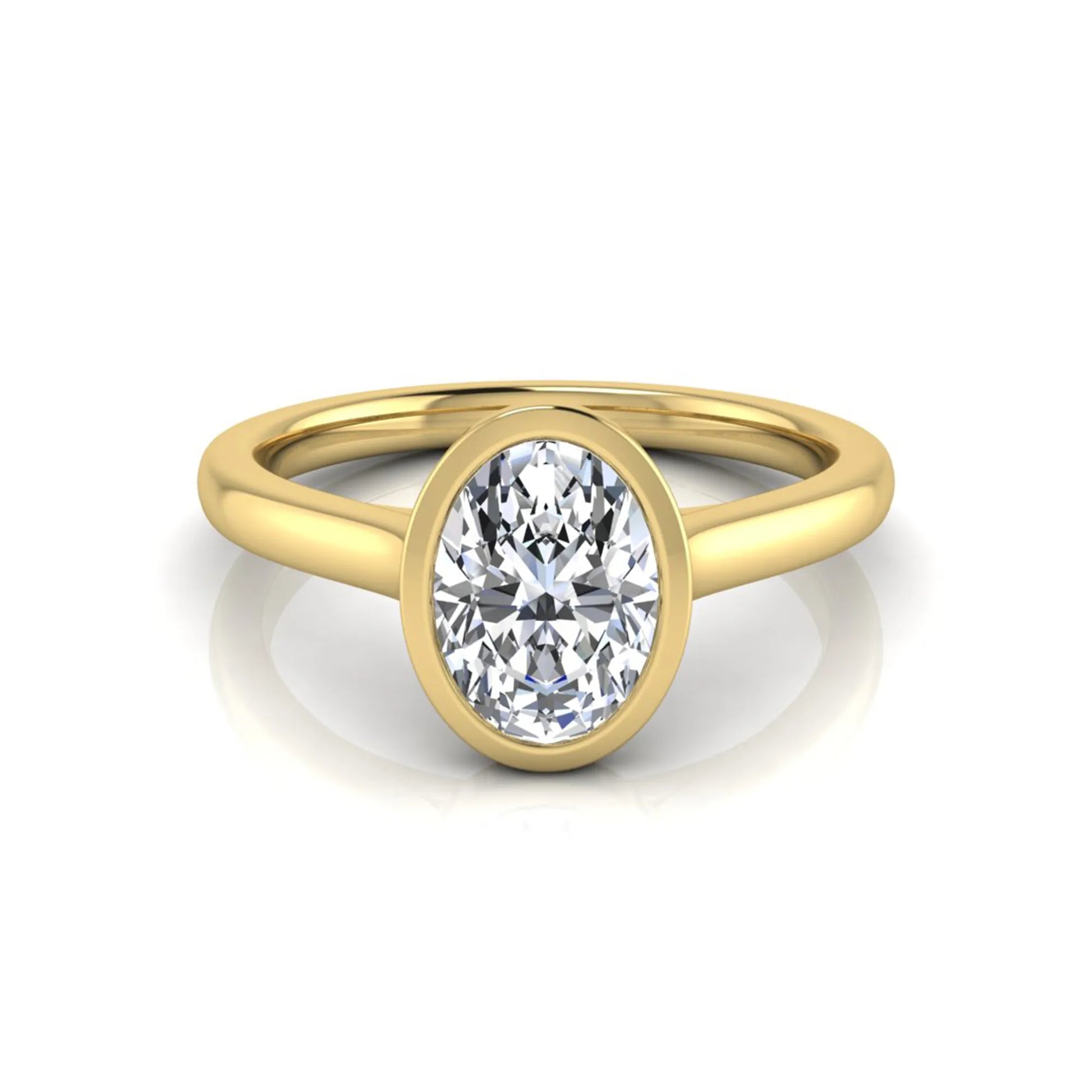 Oval cut lab grown diamond bezel solitaire engagement ring featuring a 0.75 carat center diamond in polished yellow gold.