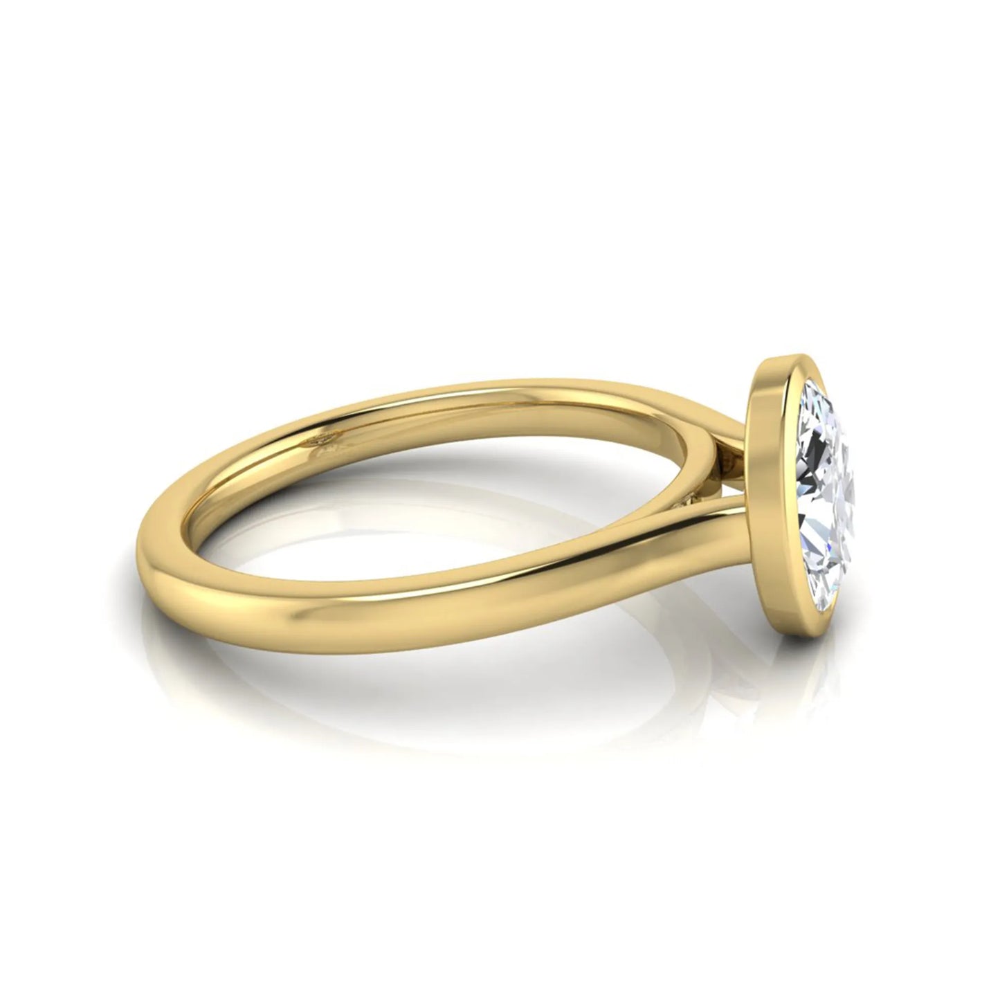 Oval cut lab grown diamond bezel solitaire engagement ring featuring a 0.75 carat center diamond in polished yellow gold.