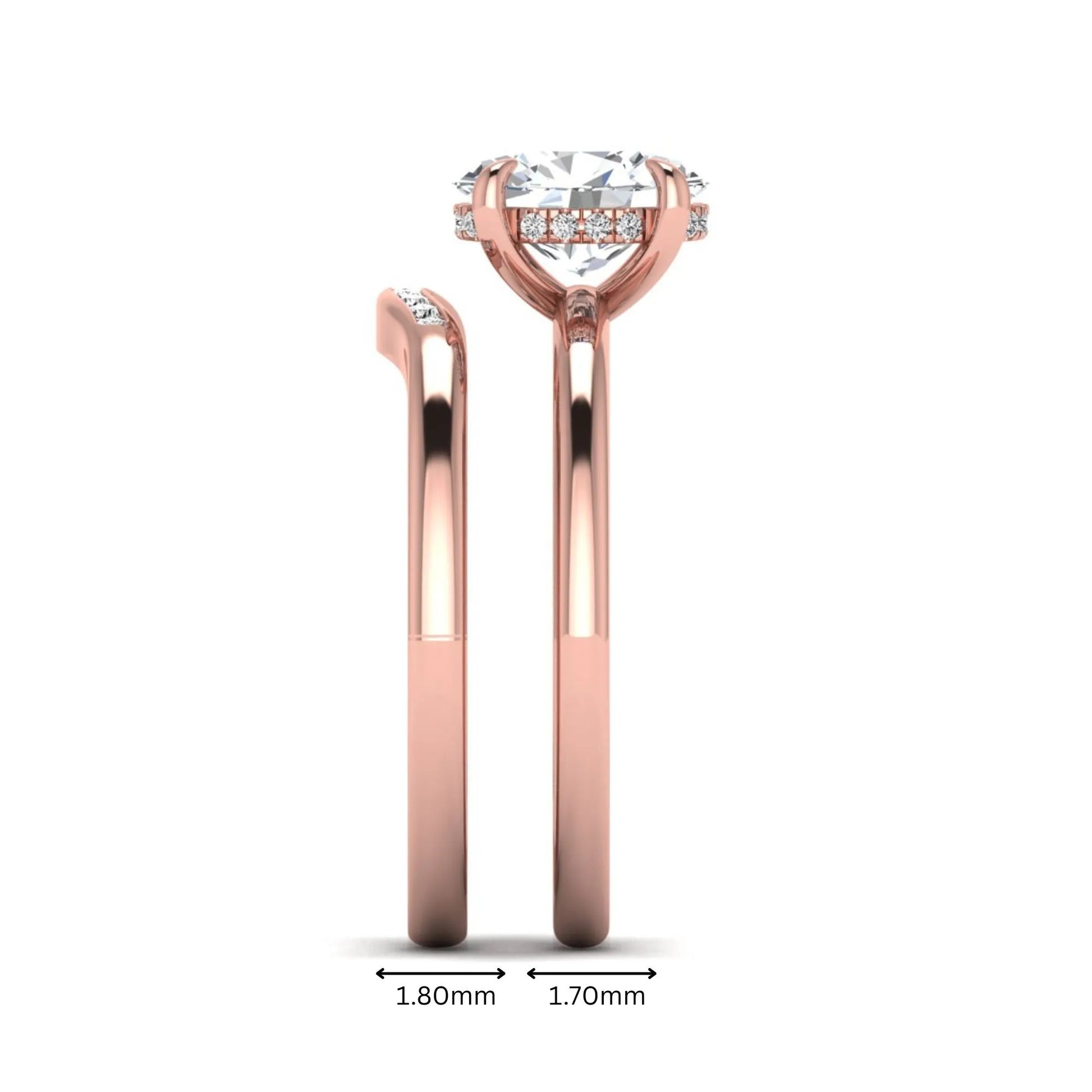 IGI certified oval cut lab grown diamond bridal ring set featuring a hidden halo engagement ring with a matching curved diamond wedding band in rose gold.