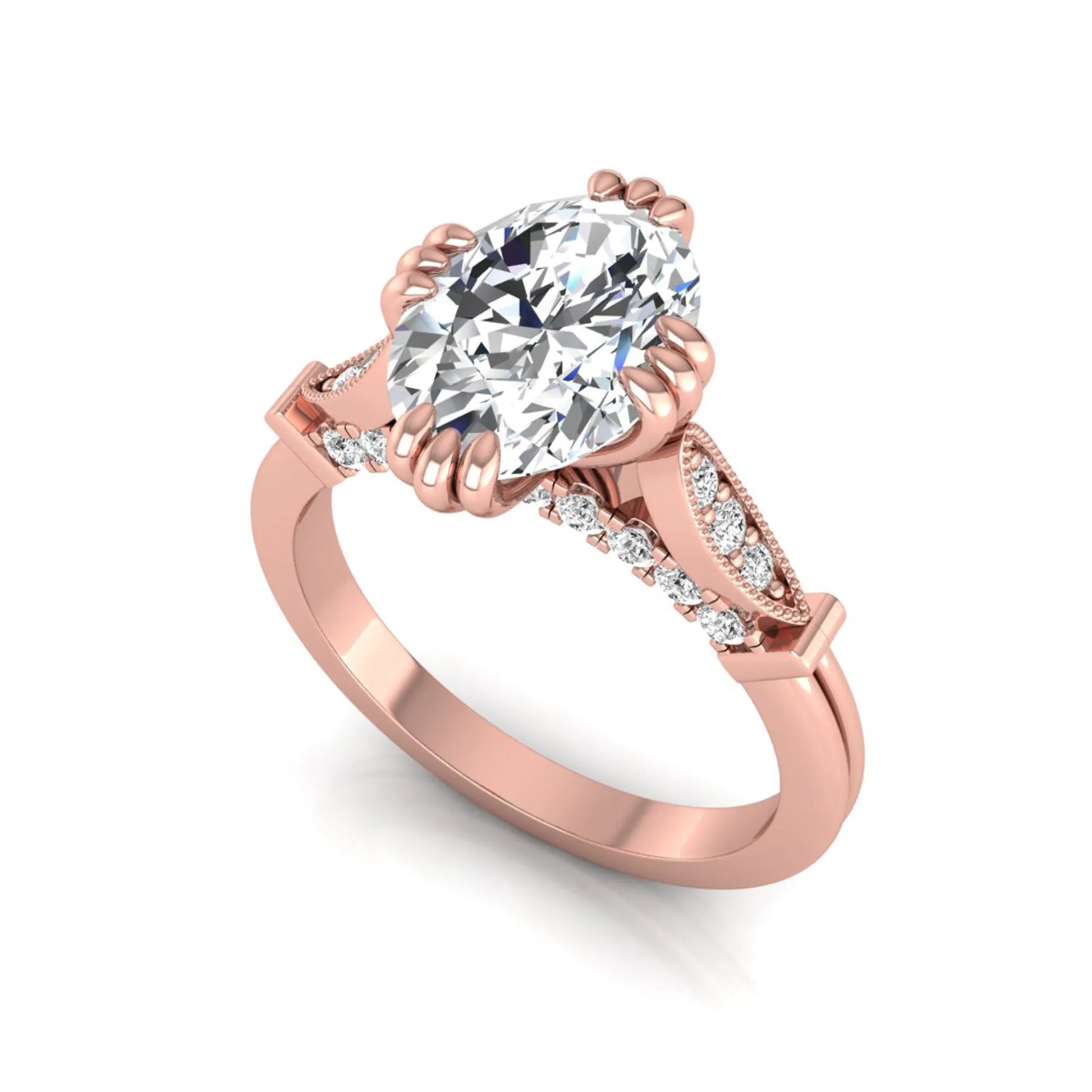 Oval cut lab grown diamond engagement ring with marquise accent shoulders, hidden diamond bridge, and rose gold metal tone.