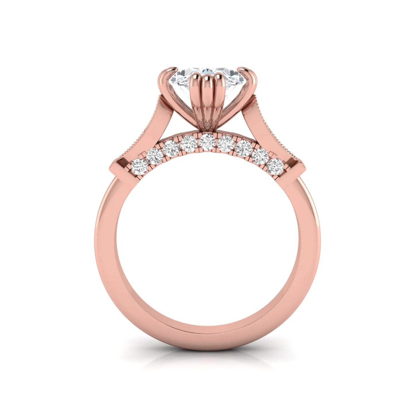 Oval cut lab grown diamond engagement ring with marquise accent shoulders, hidden diamond bridge, and rose gold metal tone.