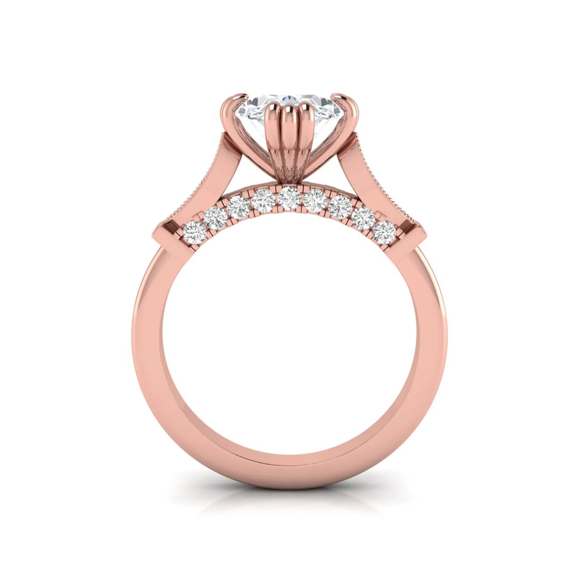 Oval cut lab grown diamond engagement ring with marquise accent shoulders, hidden diamond bridge, and rose gold metal tone.