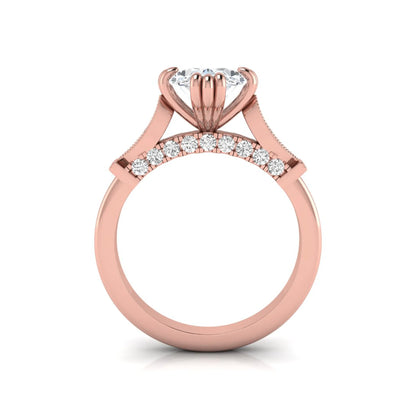 Oval cut lab grown diamond engagement ring with marquise accent shoulders, hidden diamond bridge, and rose gold metal tone.