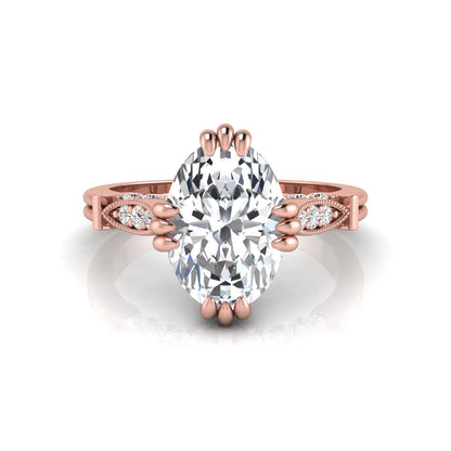 Oval cut lab grown diamond engagement ring with marquise accent shoulders, hidden diamond bridge, and rose gold metal tone.