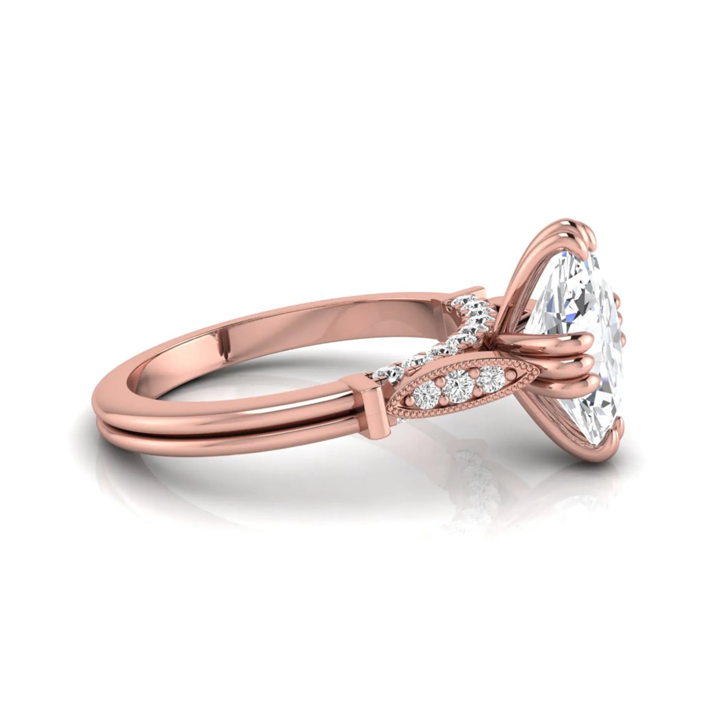 Oval cut lab grown diamond engagement ring with marquise accent shoulders, hidden diamond bridge, and rose gold metal tone.