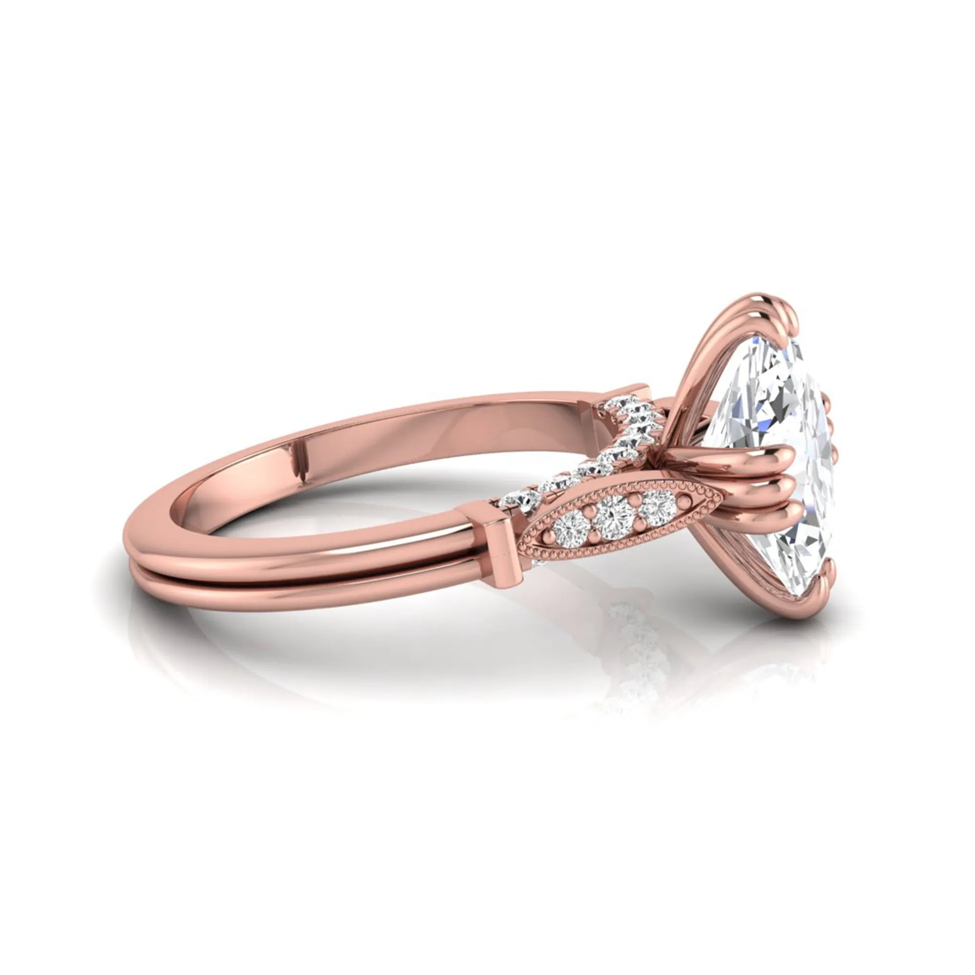 Oval cut lab grown diamond engagement ring with marquise accent shoulders, hidden diamond bridge, and rose gold metal tone.
