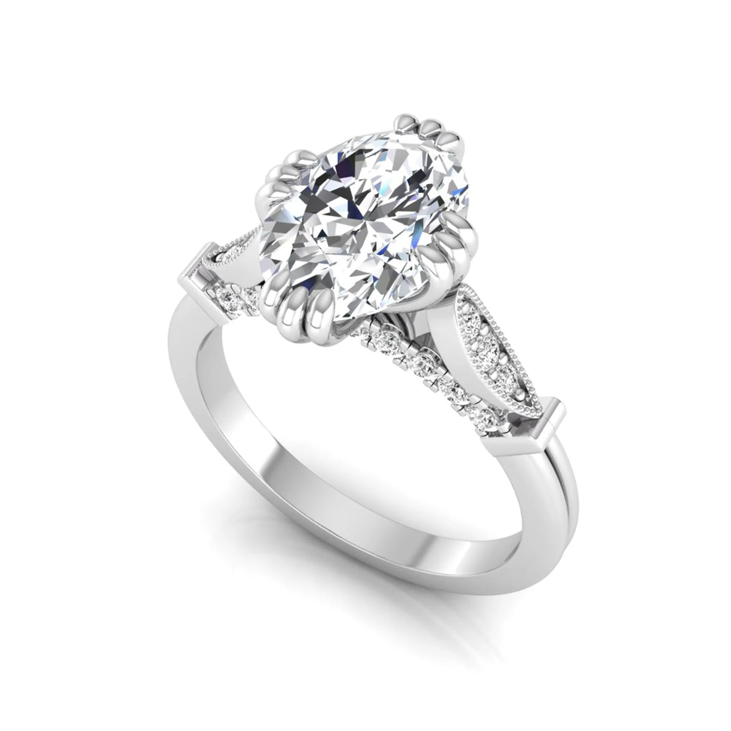 Oval cut lab grown diamond engagement ring with marquise accent shoulders, hidden diamond bridge, and white gold metal tone.