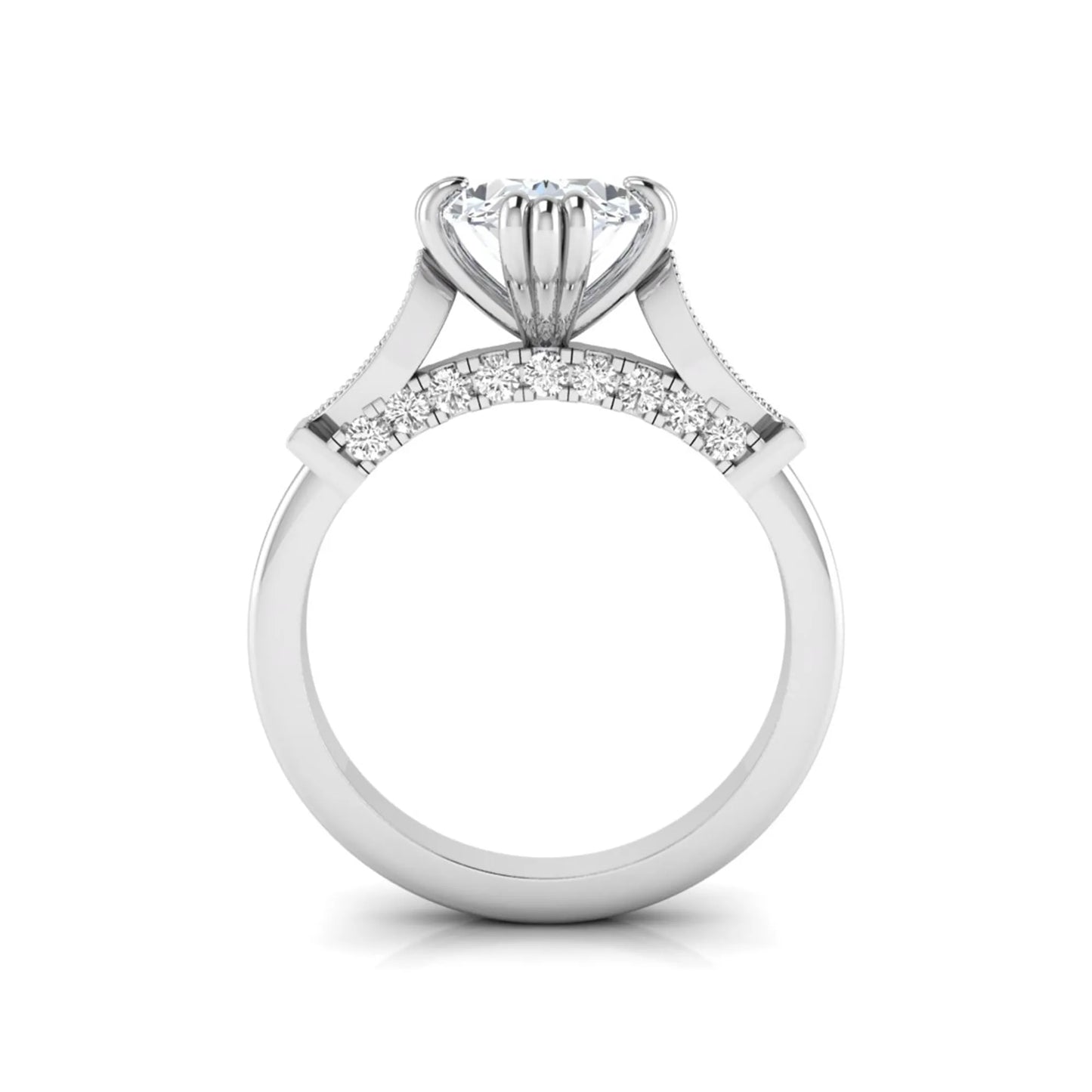 Oval cut lab grown diamond engagement ring with marquise accent shoulders, hidden diamond bridge, and white gold metal tone.