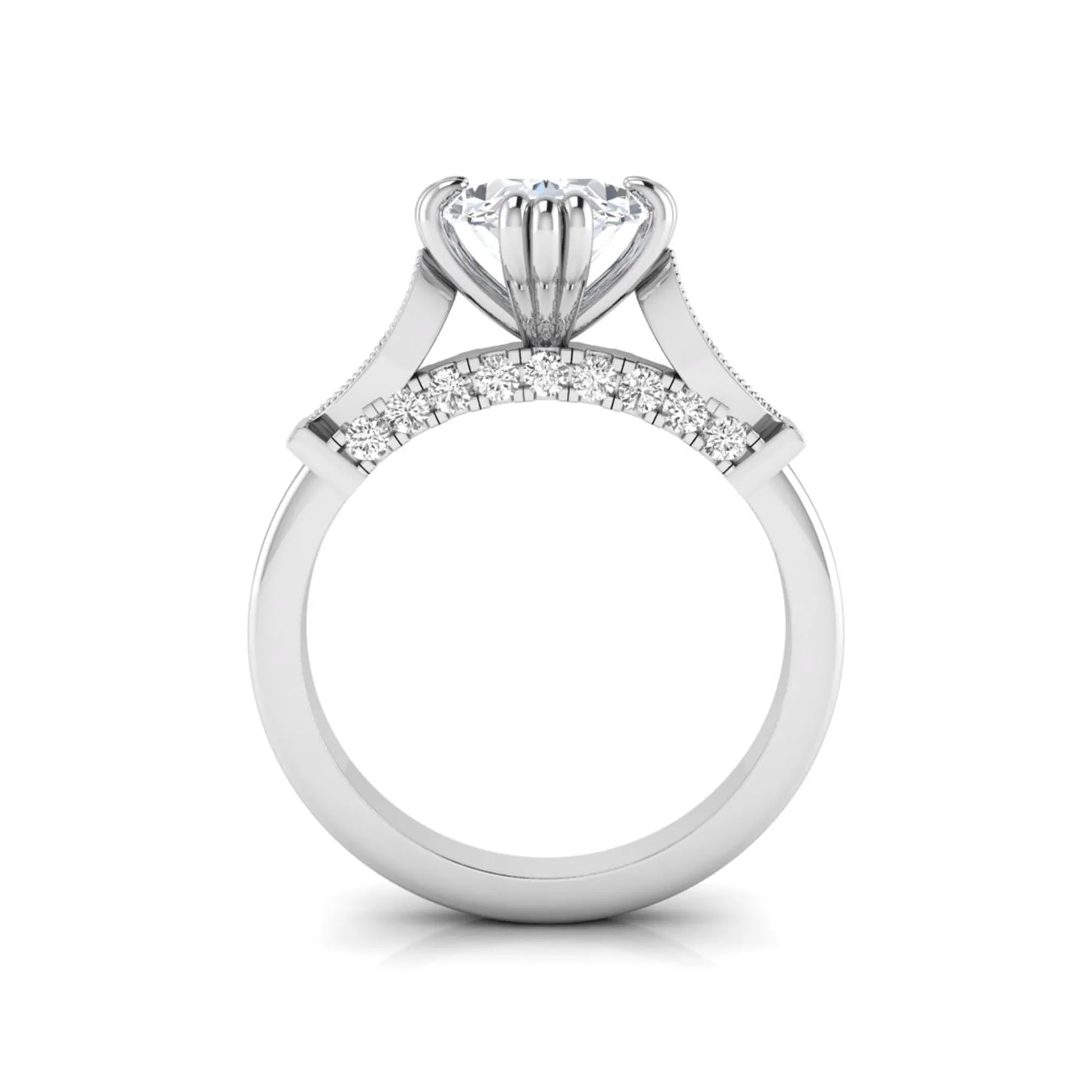 Oval cut lab grown diamond engagement ring with marquise accent shoulders, hidden diamond bridge, and white gold metal tone.