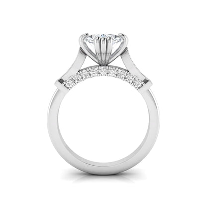 Oval cut lab grown diamond engagement ring with marquise accent shoulders, hidden diamond bridge, and white gold metal tone.