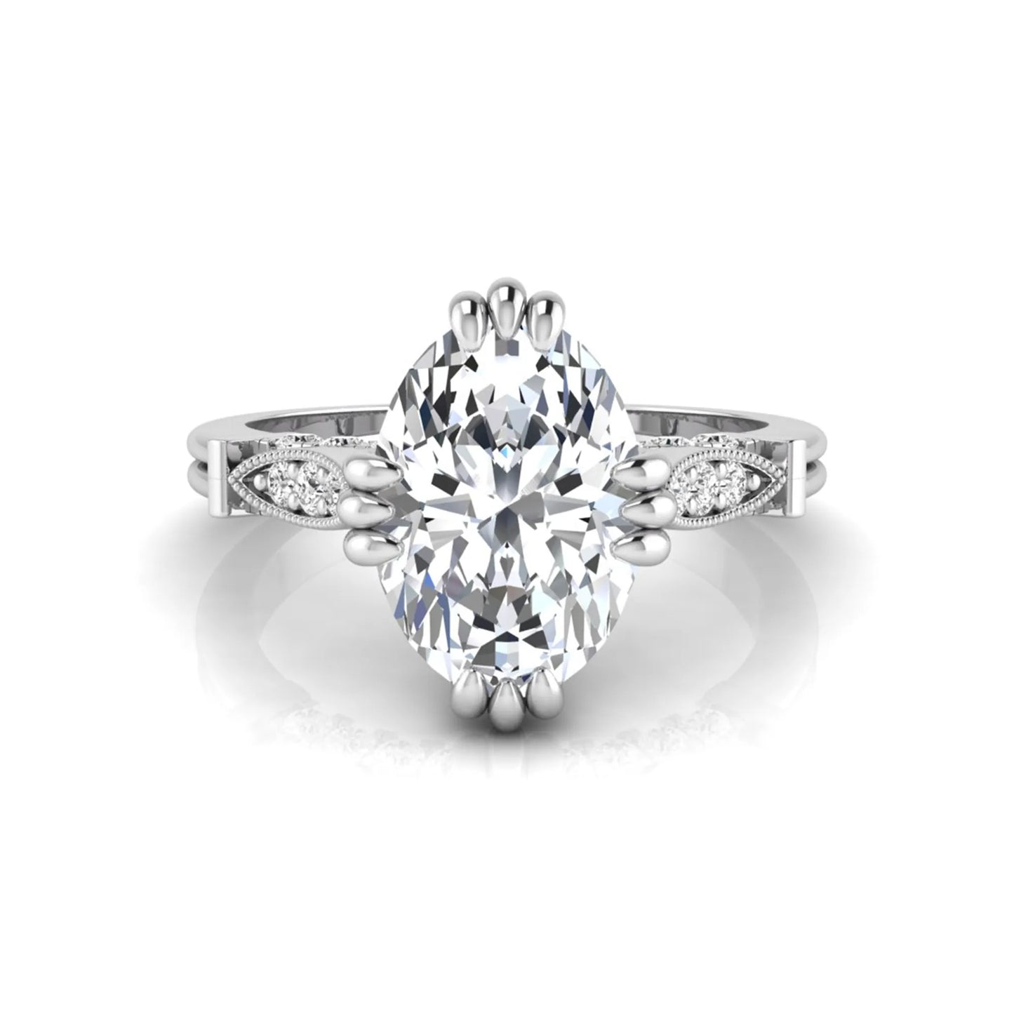Oval cut lab grown diamond engagement ring with marquise accent shoulders, hidden diamond bridge, and white gold metal tone.