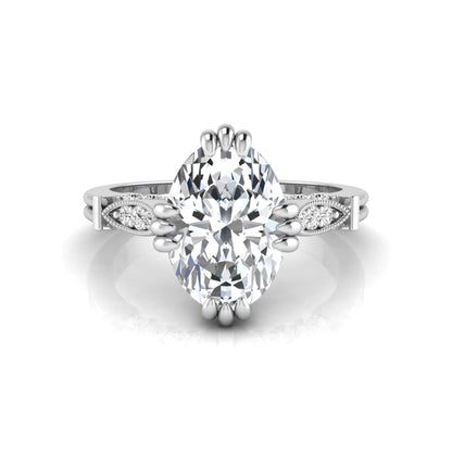 Oval cut lab grown diamond engagement ring with marquise accent shoulders, hidden diamond bridge, and white gold metal tone.