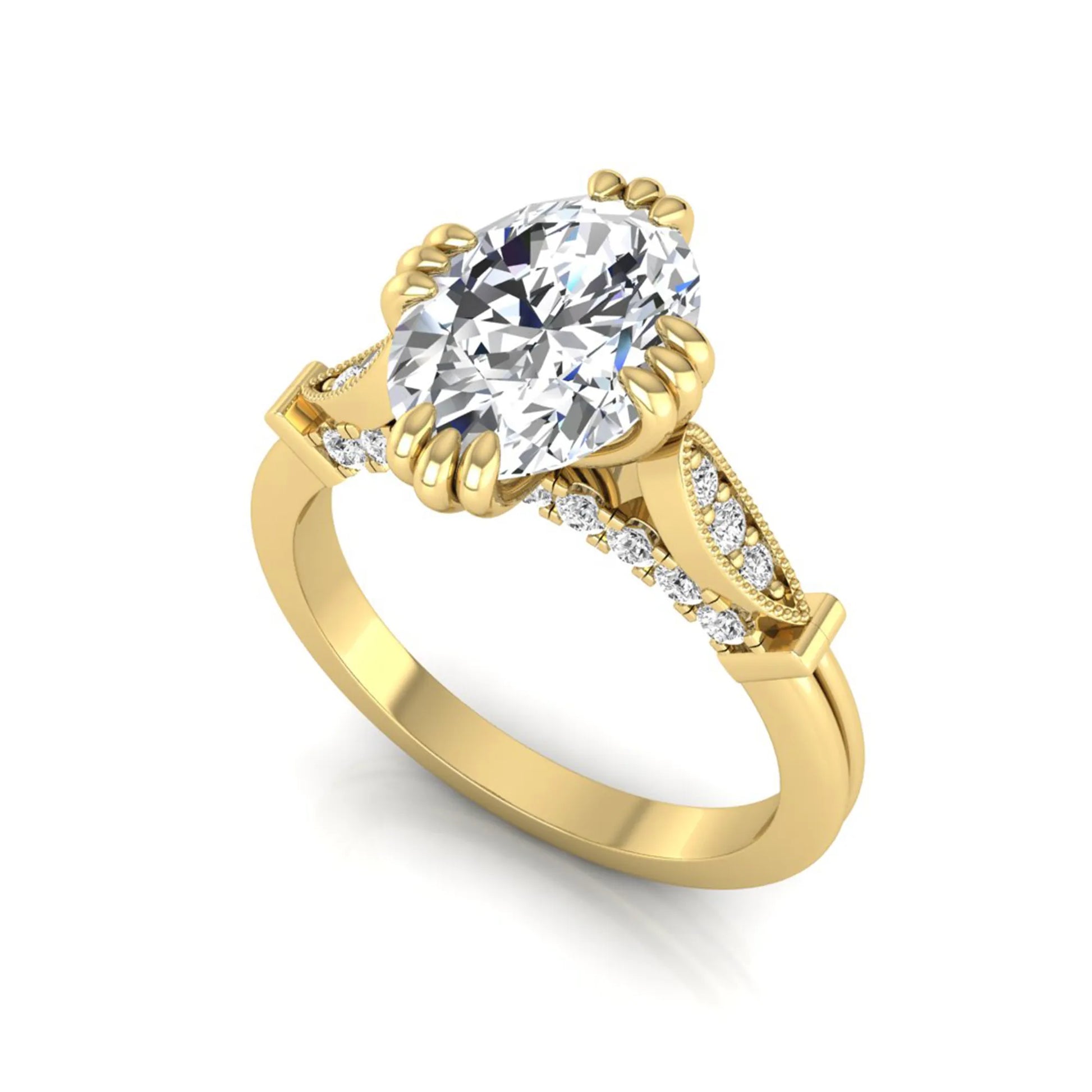 Oval cut lab grown diamond engagement ring with marquise accent shoulders, hidden diamond bridge, and yellow gold metal tone.