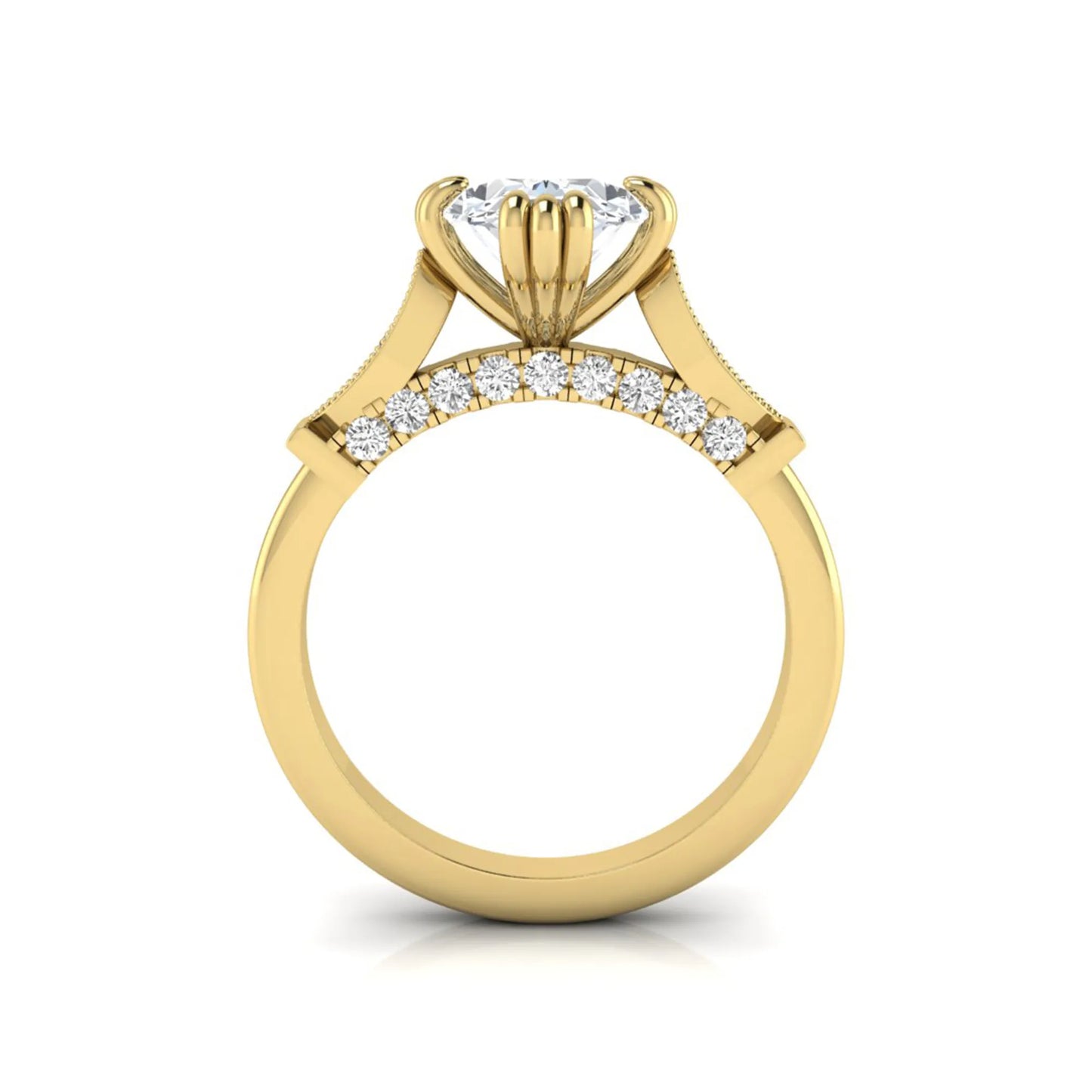 Oval cut lab grown diamond engagement ring with marquise accent shoulders, hidden diamond bridge, and yellow gold metal tone.