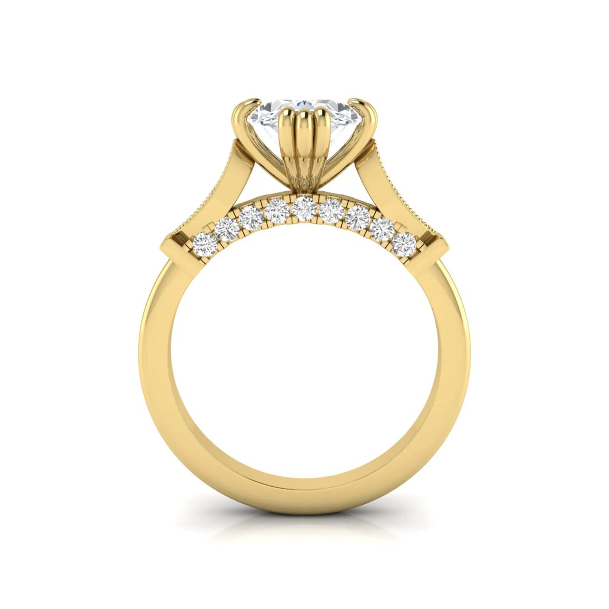 Oval cut lab grown diamond engagement ring with marquise accent shoulders, hidden diamond bridge, and yellow gold metal tone.
