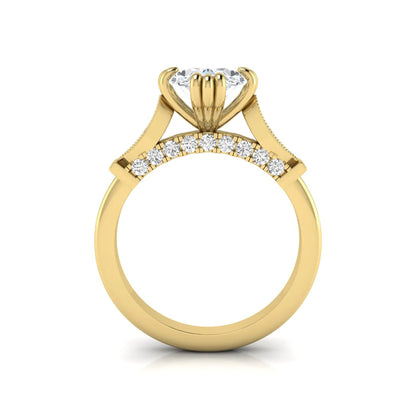 Oval cut lab grown diamond engagement ring with marquise accent shoulders, hidden diamond bridge, and yellow gold metal tone.