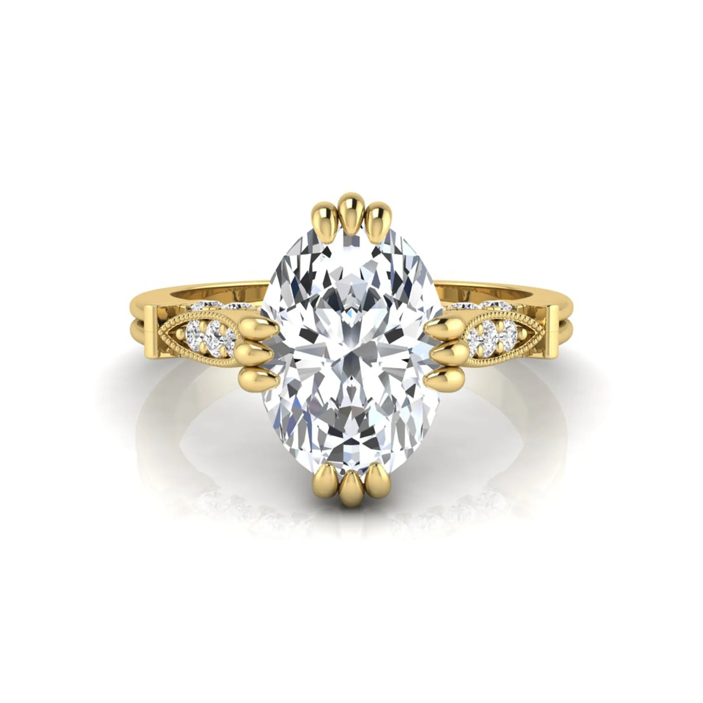 Oval cut lab grown diamond engagement ring with marquise accent shoulders, hidden diamond bridge, and yellow gold metal tone.