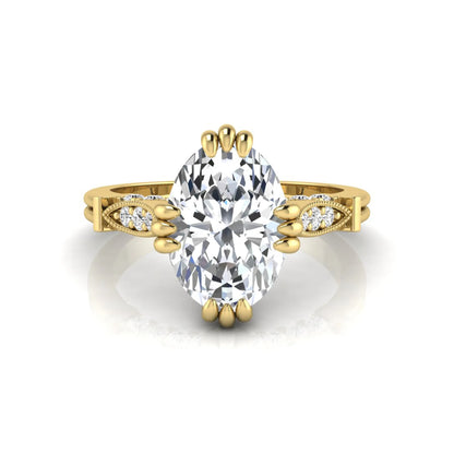 Oval cut lab grown diamond engagement ring with marquise accent shoulders, hidden diamond bridge, and yellow gold metal tone.