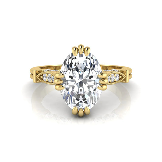 Oval cut lab grown diamond engagement ring with marquise accent shoulders, hidden diamond bridge, and yellow gold metal tone.