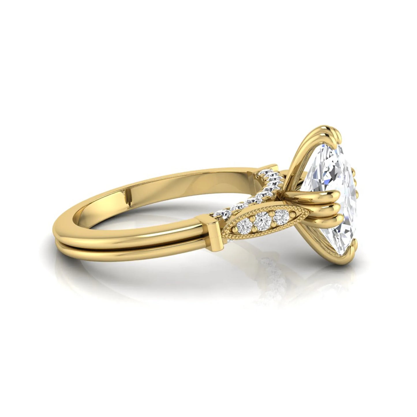 Oval cut lab grown diamond engagement ring with marquise accent shoulders, hidden diamond bridge, and yellow gold metal tone.