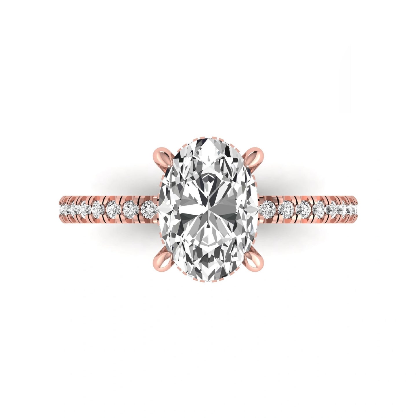 Oval cut lab grown diamond engagement ring featuring a 2.30 carat IGI certified center diamond with hidden halo and pavé round side diamonds in rose gold.
