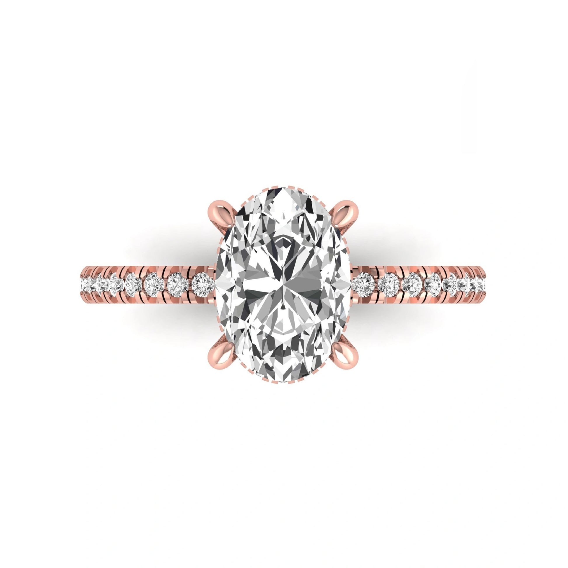 Oval cut lab grown diamond engagement ring featuring a 2.30 carat IGI certified center diamond with hidden halo and pavé round side diamonds in rose gold.