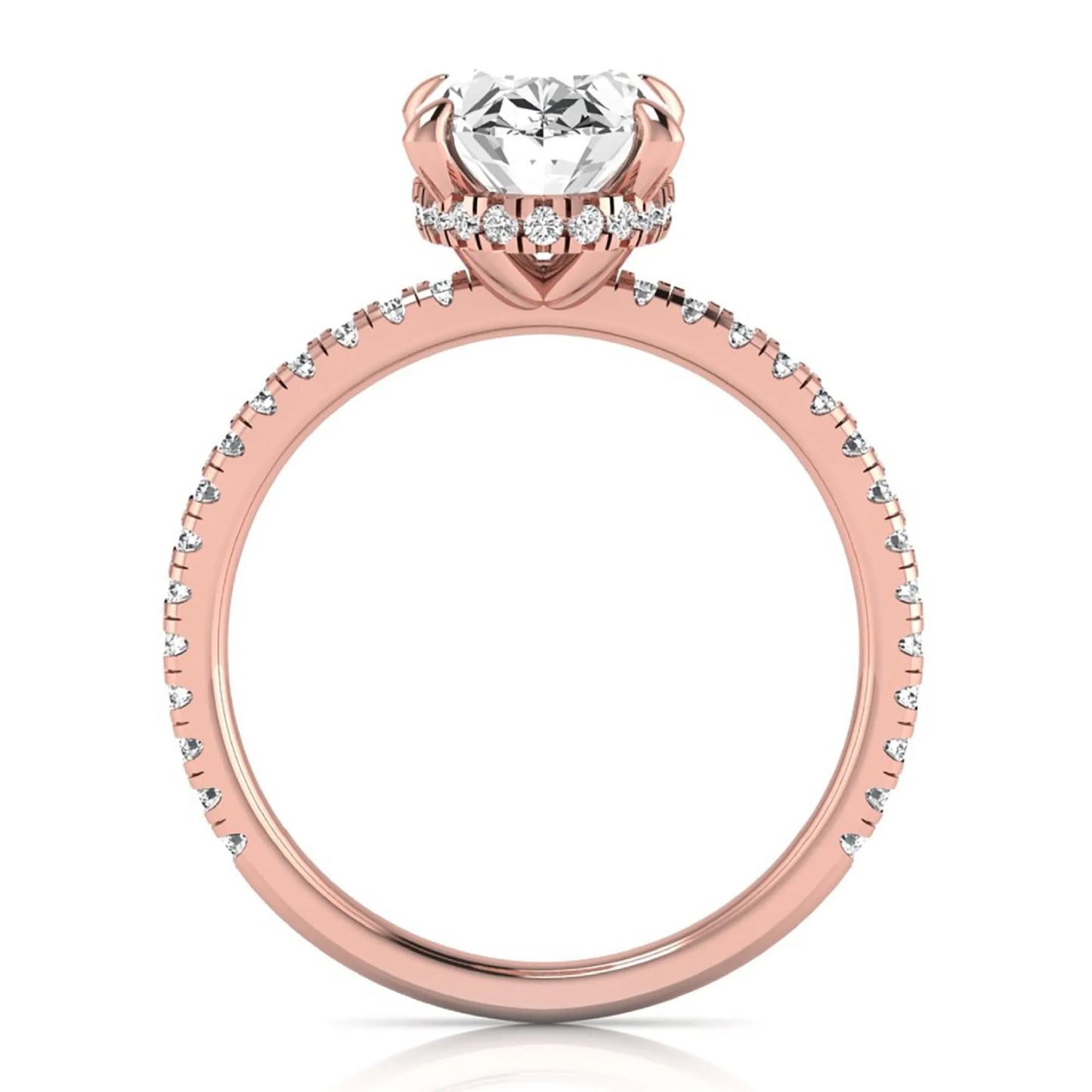 Oval cut lab grown diamond engagement ring featuring a 2.30 carat IGI certified center diamond with hidden halo and pavé round side diamonds in rose gold.