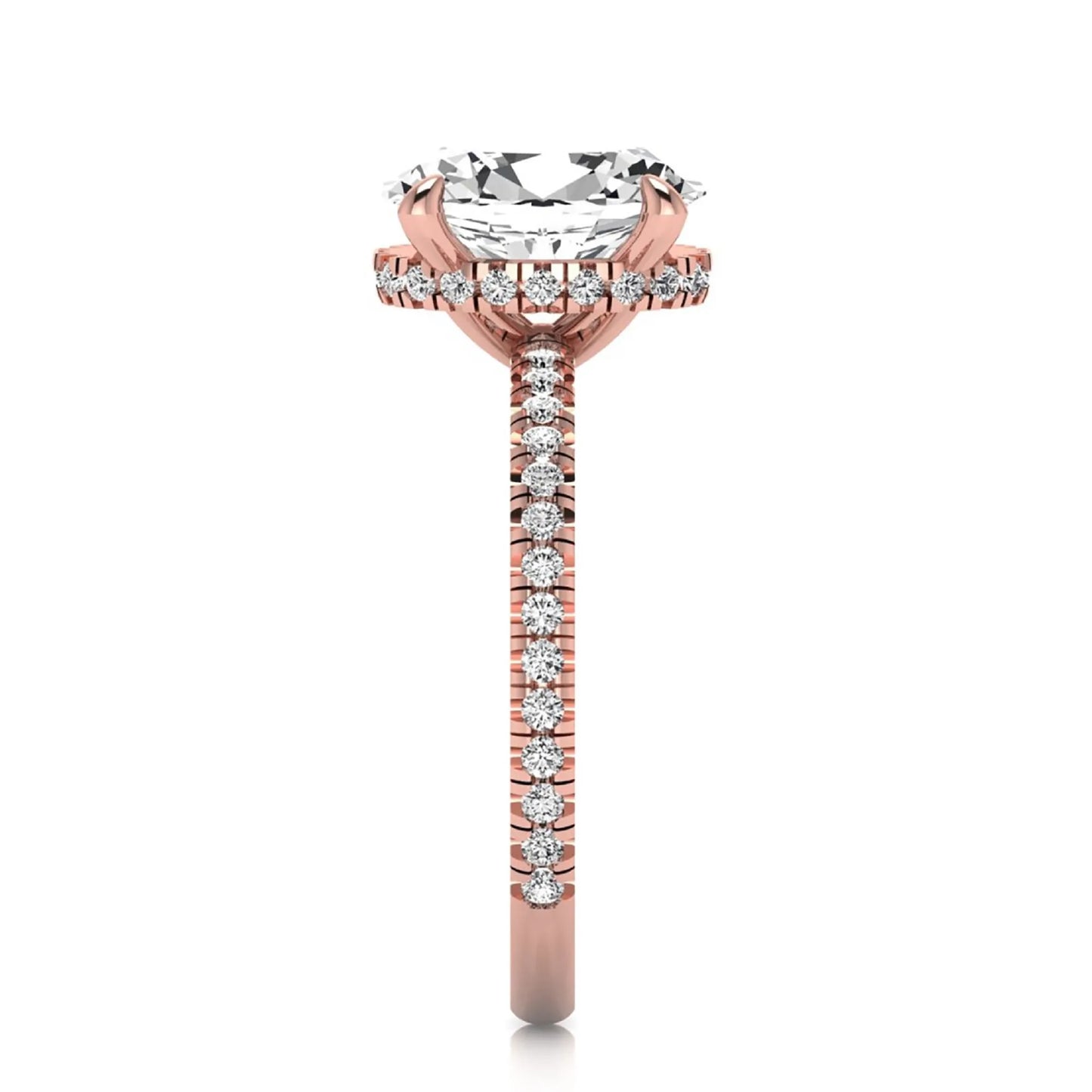 Oval cut lab grown diamond engagement ring featuring a 2.30 carat IGI certified center diamond with hidden halo and pavé round side diamonds in rose gold.