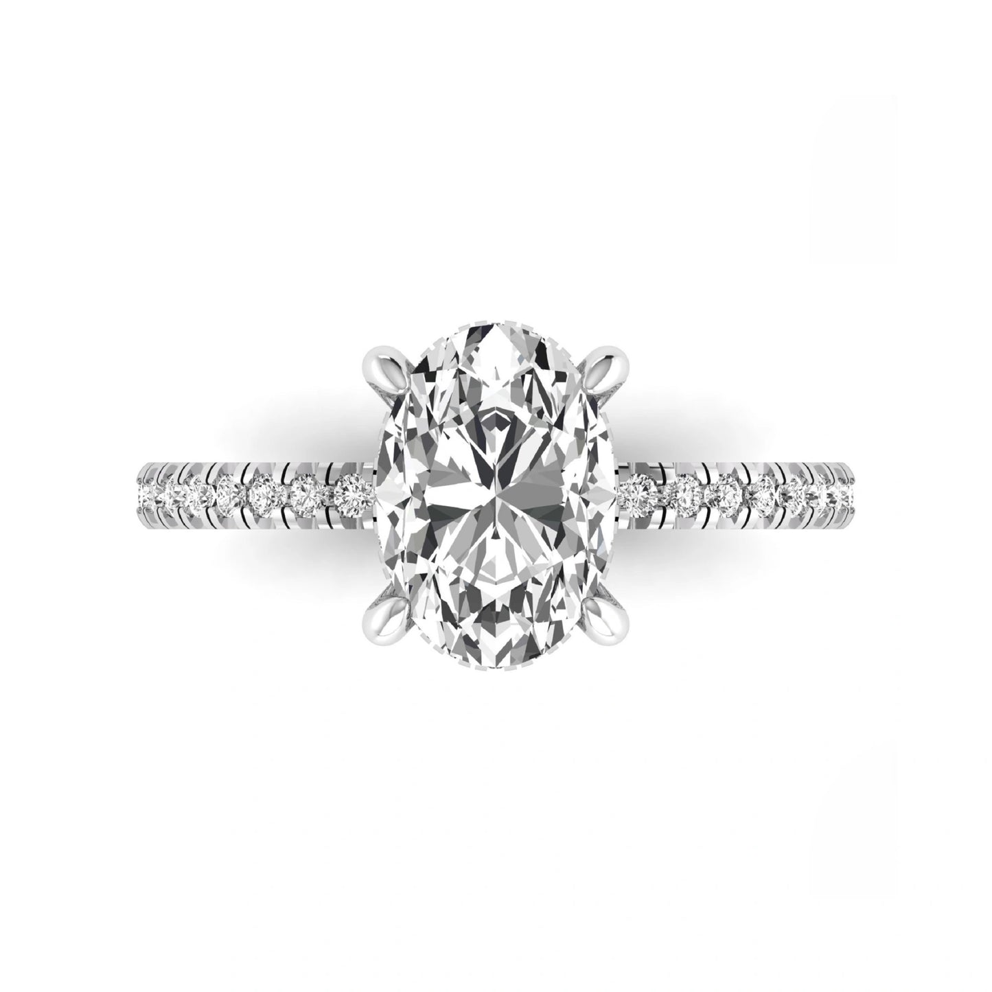 Oval cut lab grown diamond engagement ring featuring a 2.30 carat IGI certified center diamond with hidden halo and pavé round side diamonds in white gold.