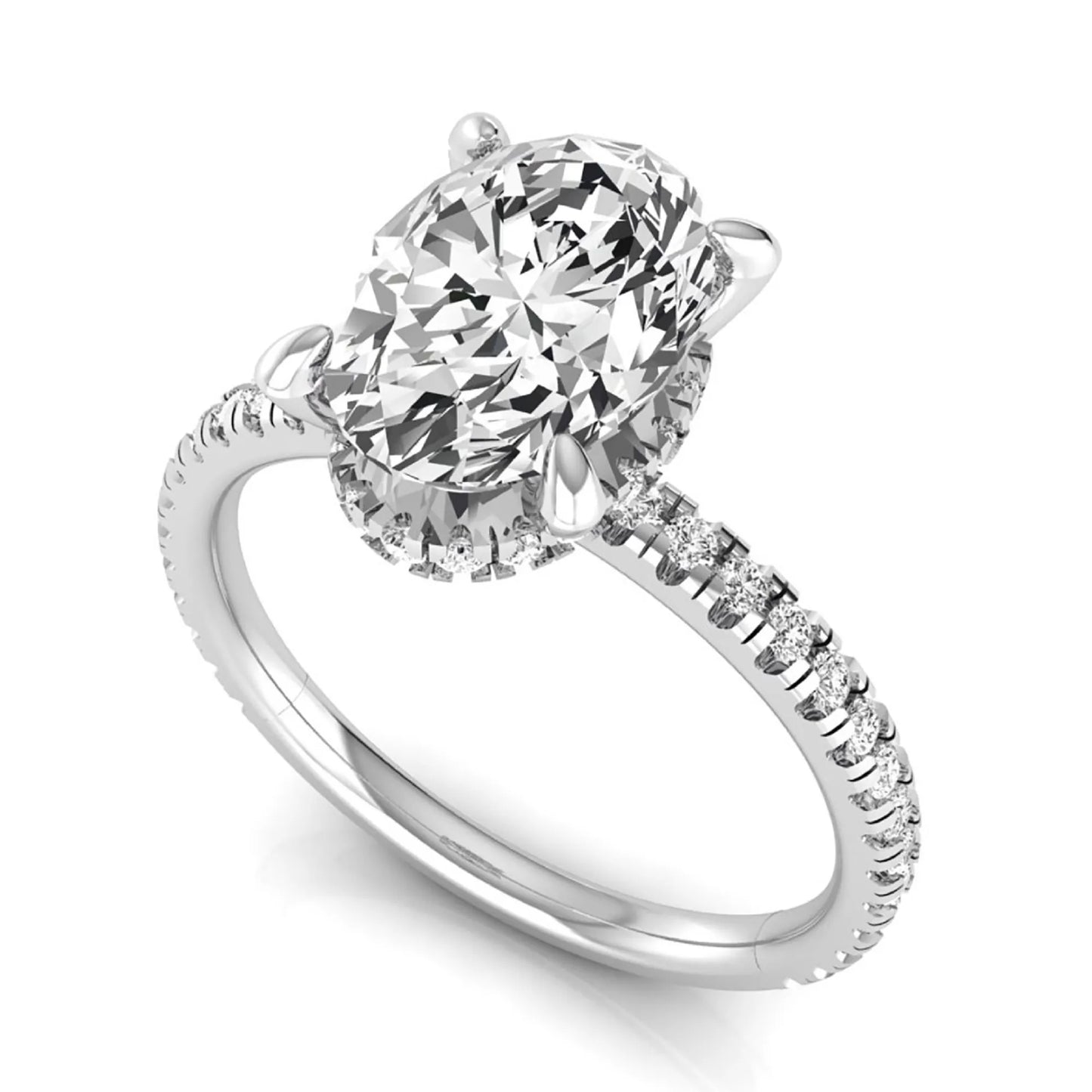 Oval cut lab grown diamond engagement ring featuring a 2.30 carat IGI certified center diamond with hidden halo and pavé round side diamonds in white gold.