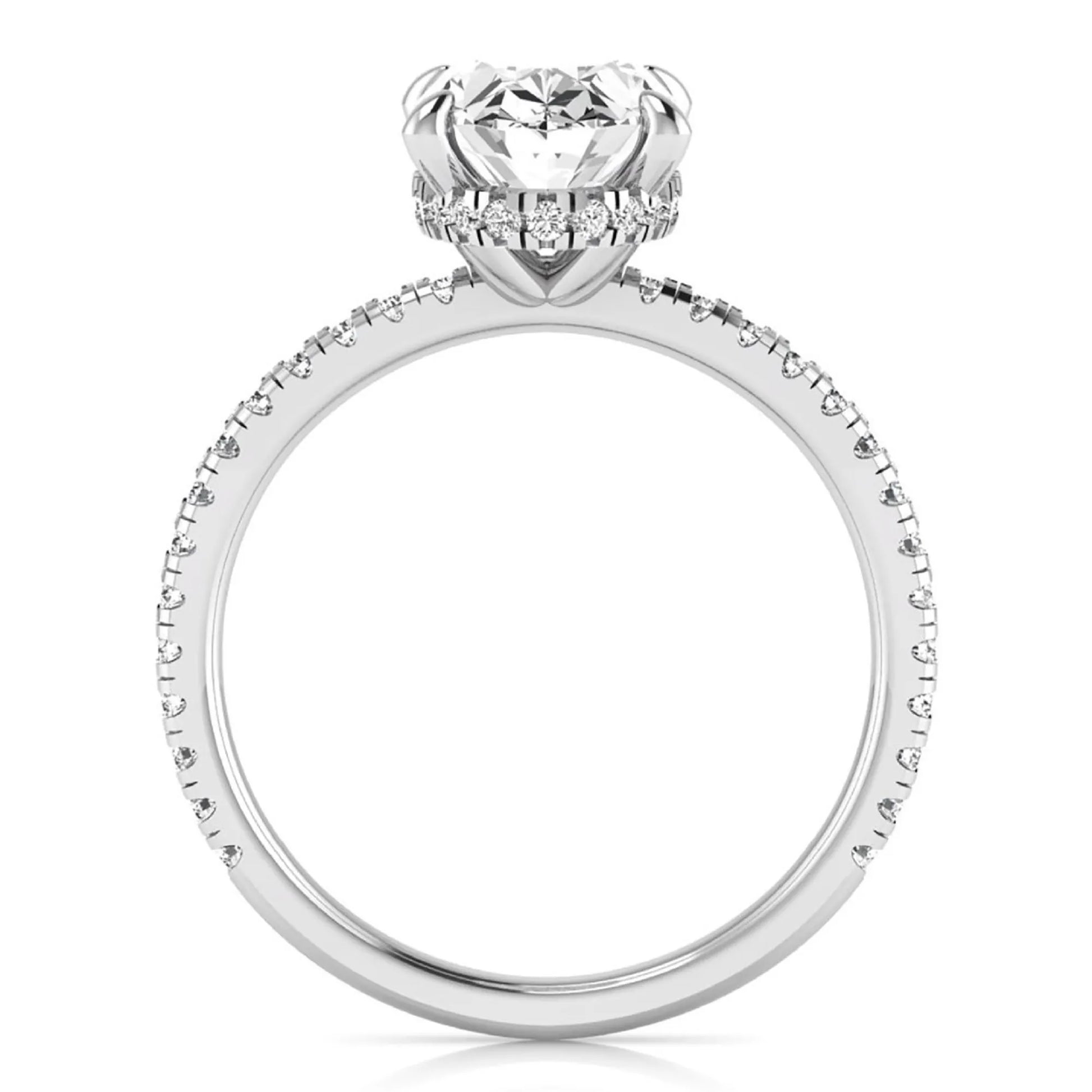 Oval cut lab grown diamond engagement ring featuring a 2.30 carat IGI certified center diamond with hidden halo and pavé round side diamonds in white gold.