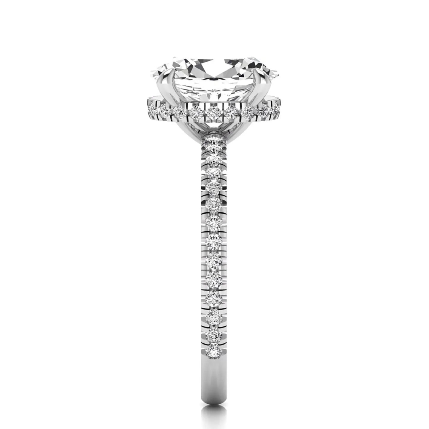 Oval cut lab grown diamond engagement ring featuring a 2.30 carat IGI certified center diamond with hidden halo and pavé round side diamonds in white gold.