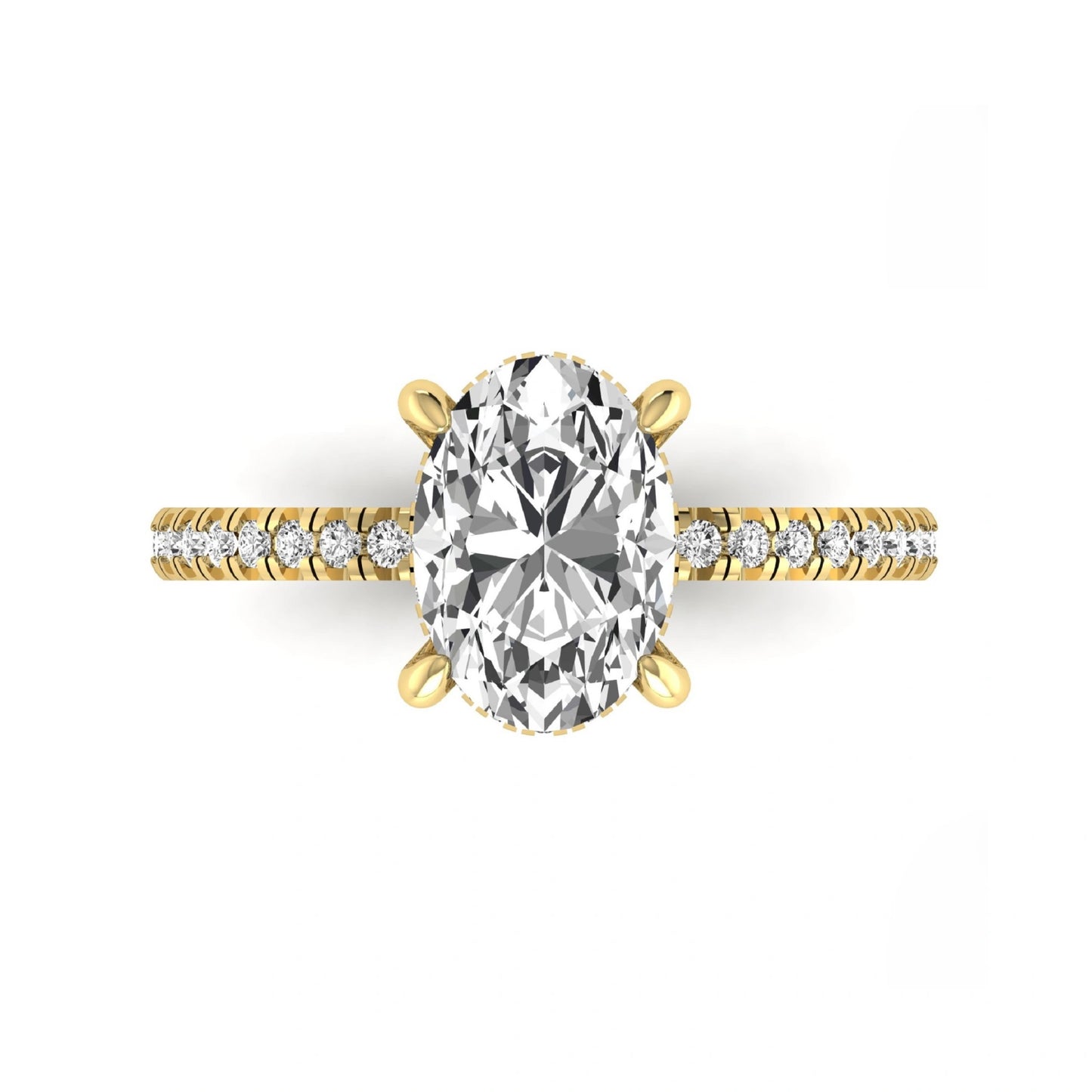 Oval cut lab grown diamond engagement ring featuring a 2.30 carat IGI certified center diamond with hidden halo and pavé round side diamonds in yellow gold.