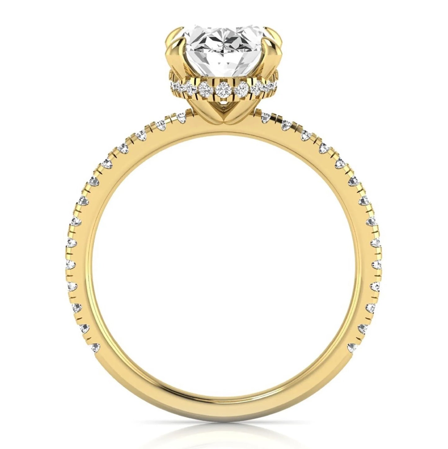 Oval cut lab grown diamond engagement ring featuring a 2.30 carat IGI certified center diamond with hidden halo and pavé round side diamonds in yellow gold.