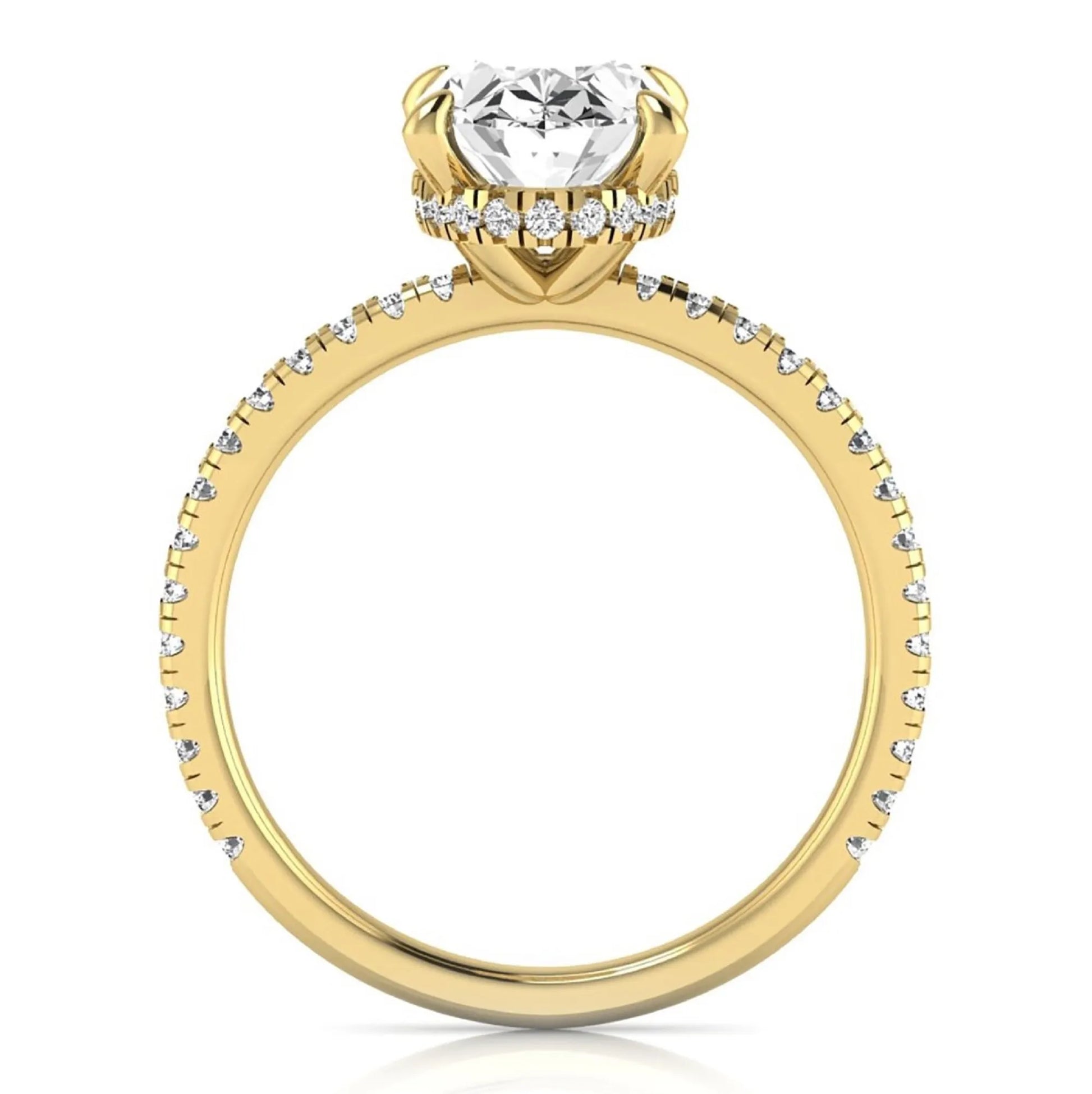Oval cut lab grown diamond engagement ring featuring a 2.30 carat IGI certified center diamond with hidden halo and pavé round side diamonds in yellow gold.