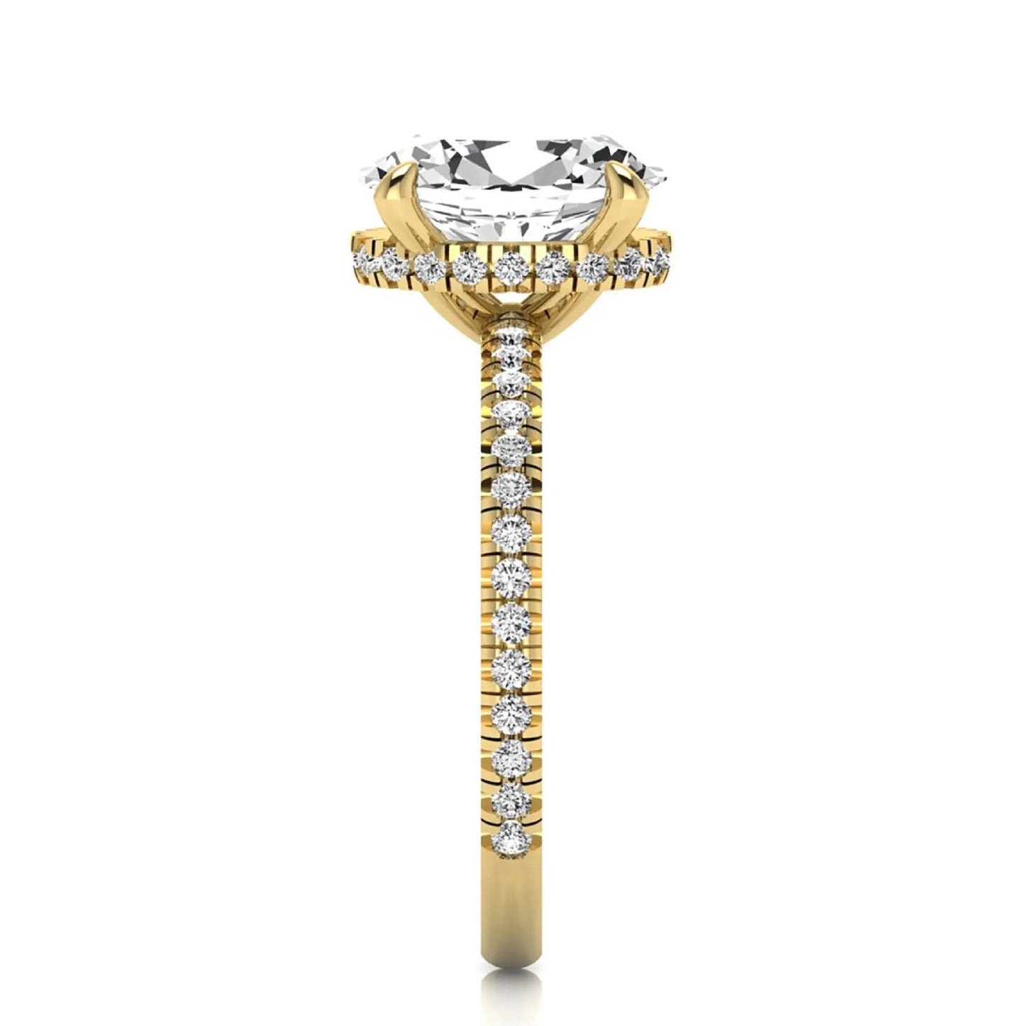 Oval cut lab grown diamond engagement ring featuring a 2.30 carat IGI certified center diamond with hidden halo and pavé round side diamonds in yellow gold.