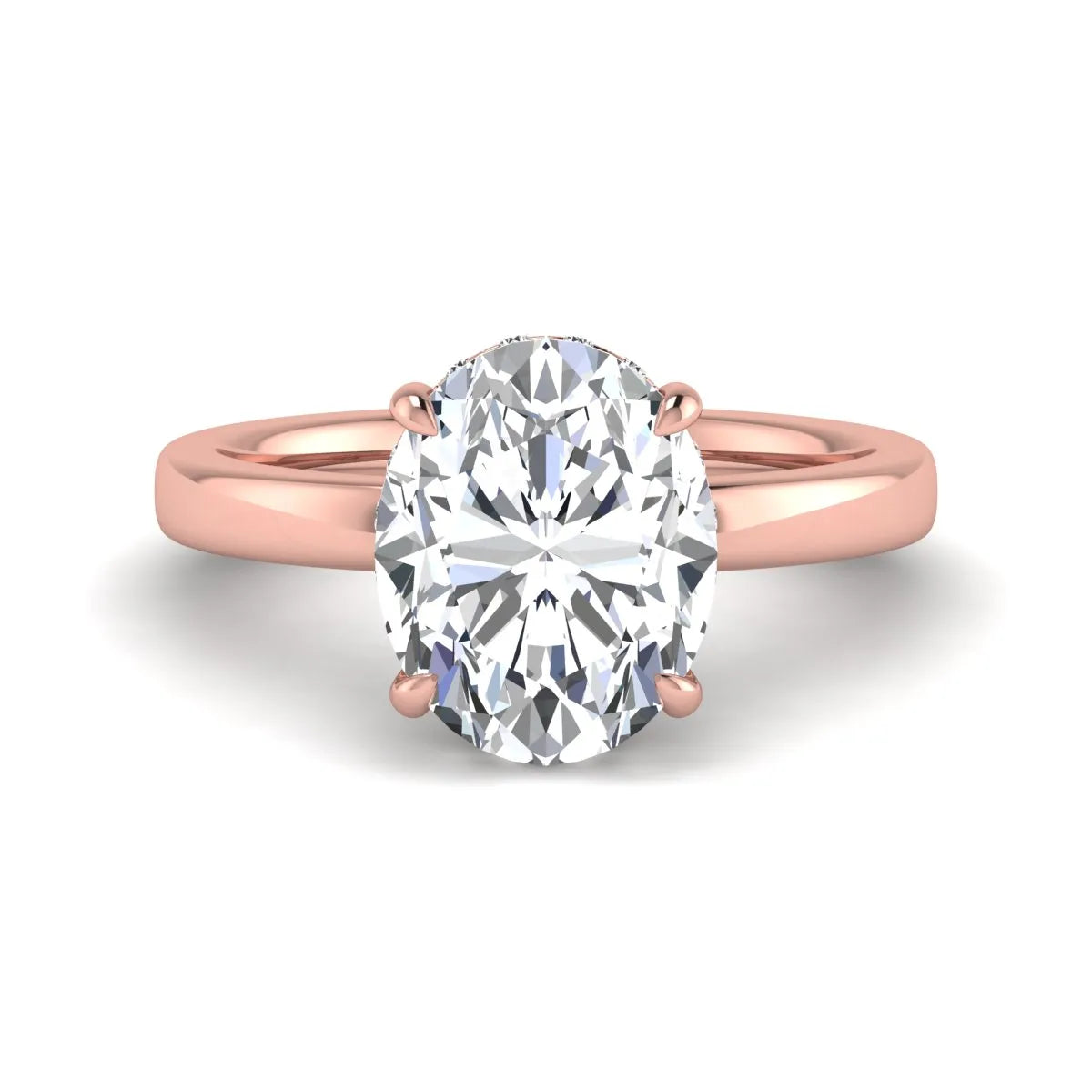 IGI certified oval cut lab grown diamond hidden halo solitaire engagement ring in rose gold.