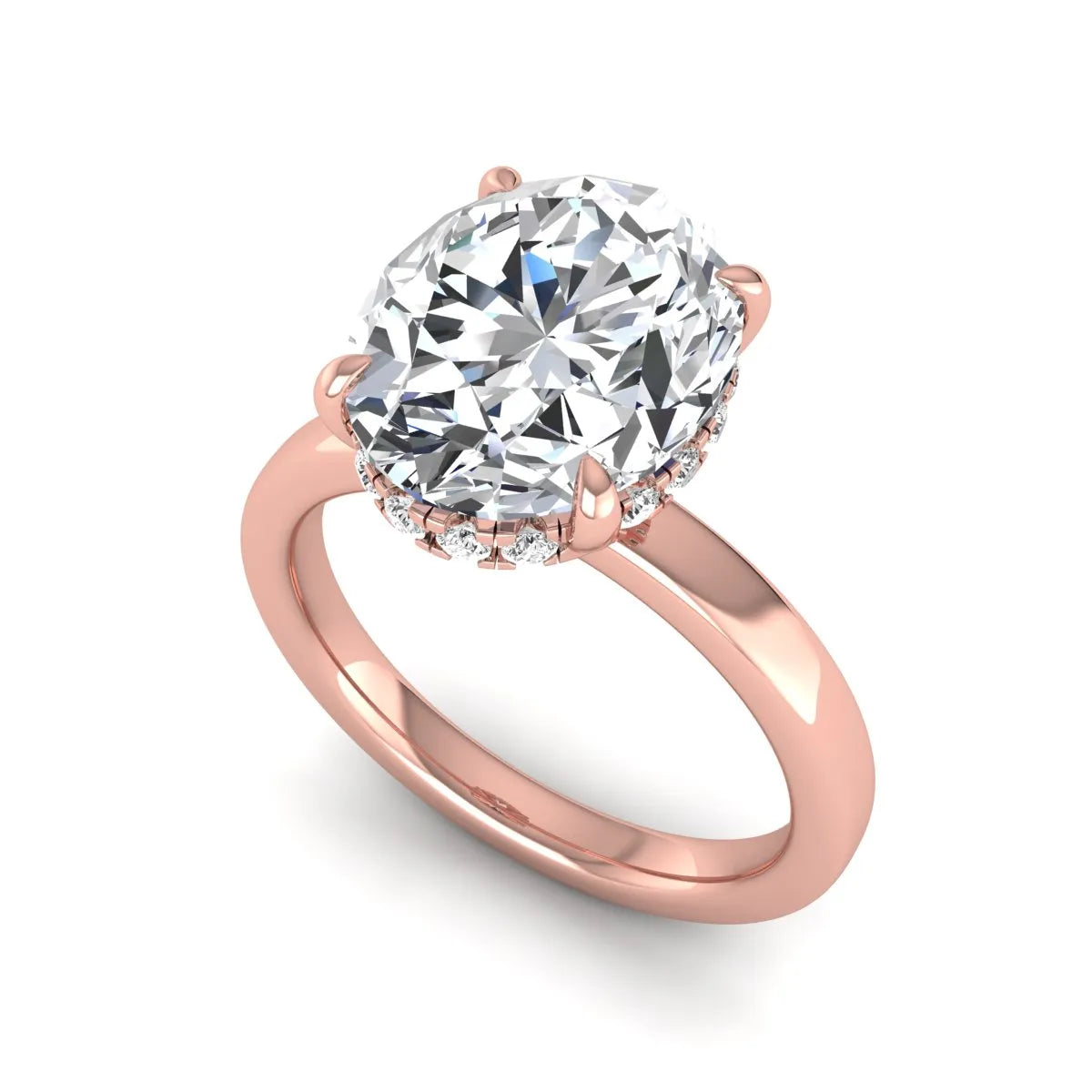 IGI certified oval cut lab grown diamond hidden halo solitaire engagement ring in rose gold.