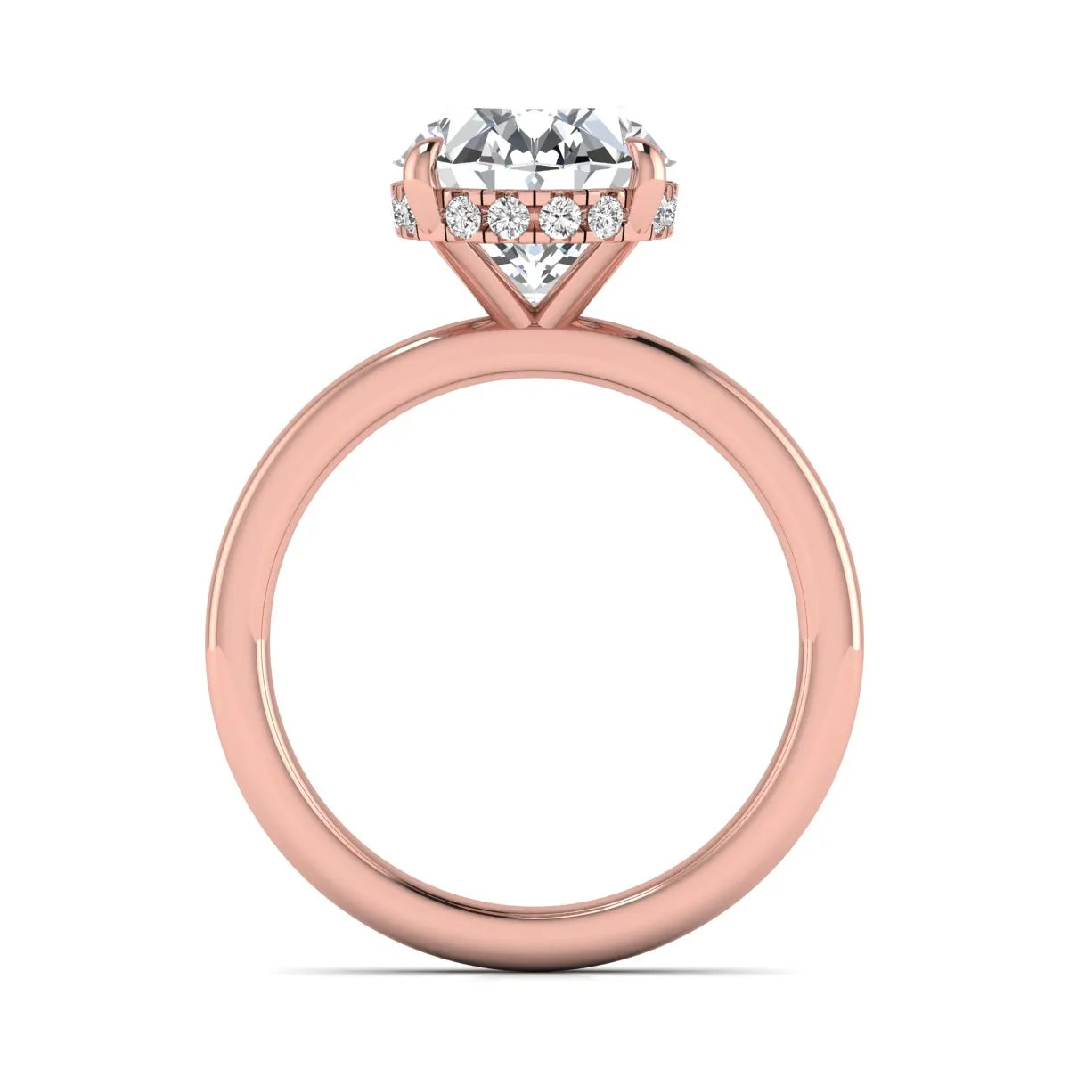 IGI certified oval cut lab grown diamond hidden halo solitaire engagement ring in rose gold.