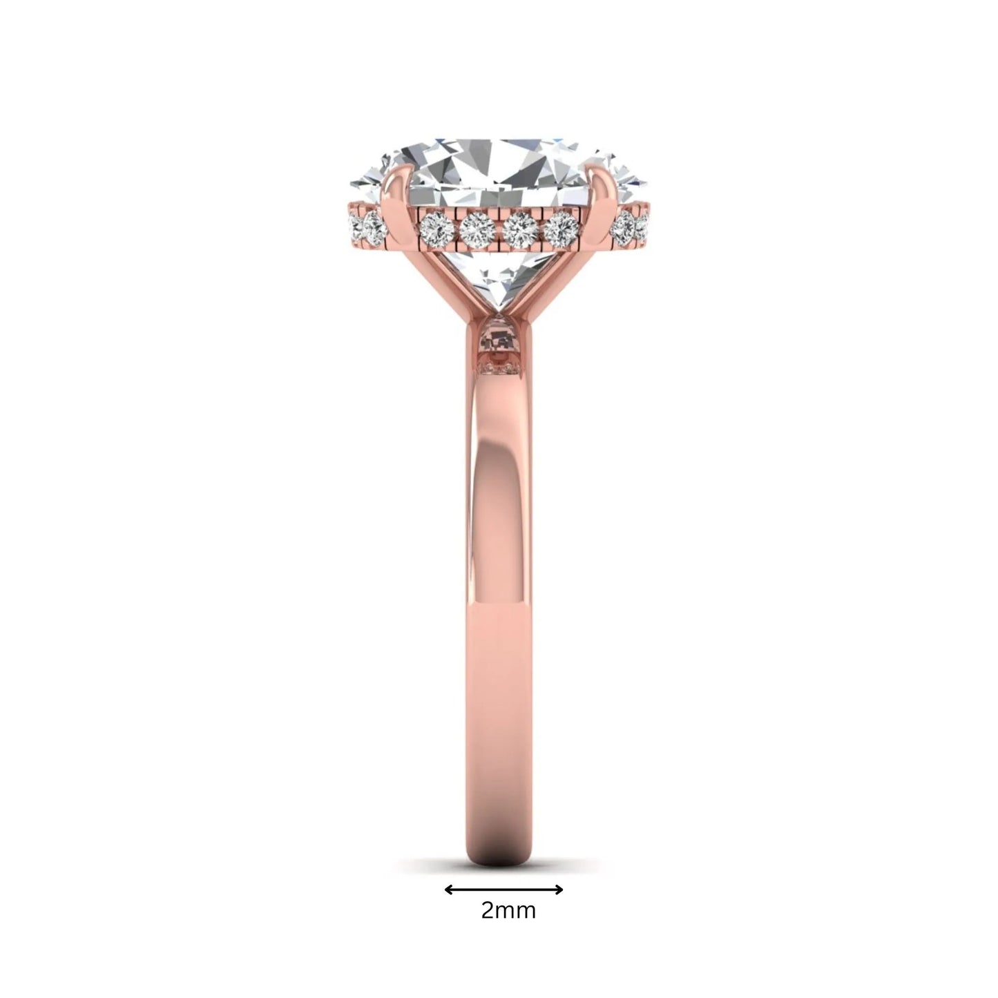 IGI certified oval cut lab grown diamond hidden halo solitaire engagement ring in rose gold.